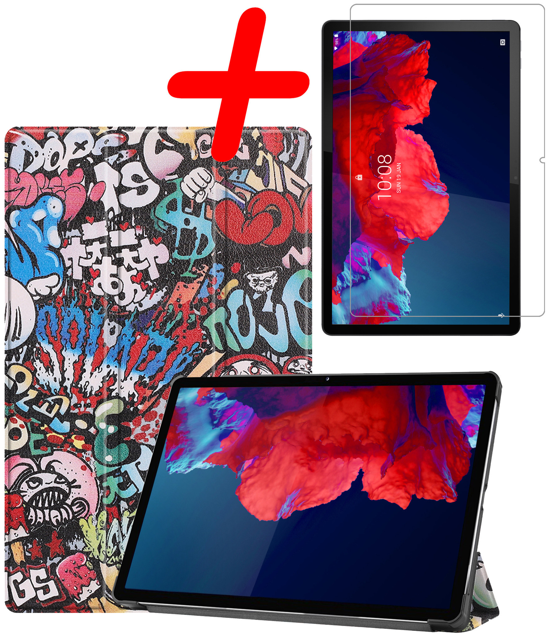 BASEY. Hoesje Geschikt voor Lenovo Tab P11 Plus Hoes Case Tablet Hoesje Tri-fold Met Screenprotector - Hoes Geschikt voor Lenovo Tab P11 Plus Hoesje Hard Cover Bookcase Hoes - Graffity