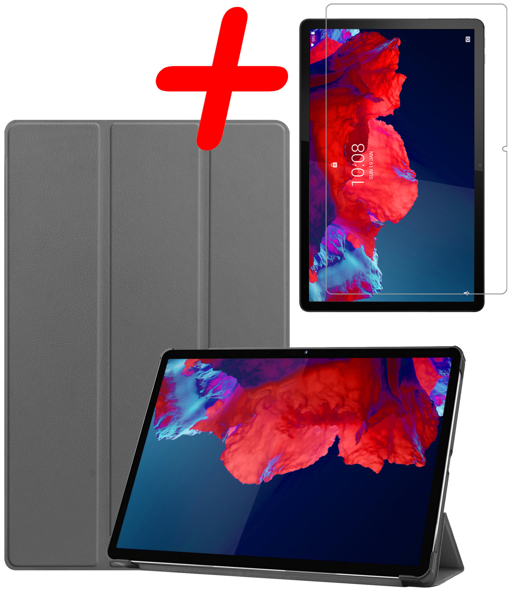 BASEY. Hoesje Geschikt voor Lenovo Tab P11 Plus Hoes Case Tablet Hoesje Tri-fold Met Screenprotector - Hoes Geschikt voor Lenovo Tab P11 Plus Hoesje Hard Cover Bookcase Hoes - Grijs