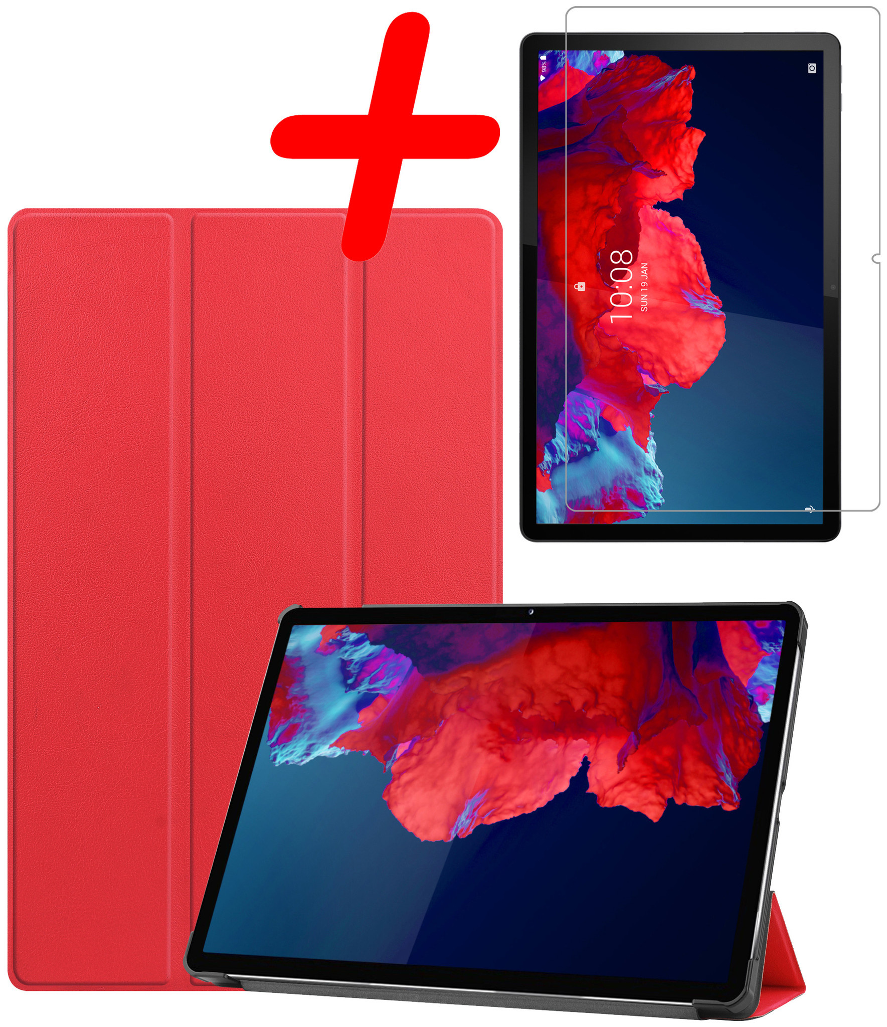 BASEY. Hoesje Geschikt voor Lenovo Tab P11 Plus Hoes Case Tablet Hoesje Tri-fold Met Screenprotector - Hoes Geschikt voor Lenovo Tab P11 Plus Hoesje Hard Cover Bookcase Hoes - Rood