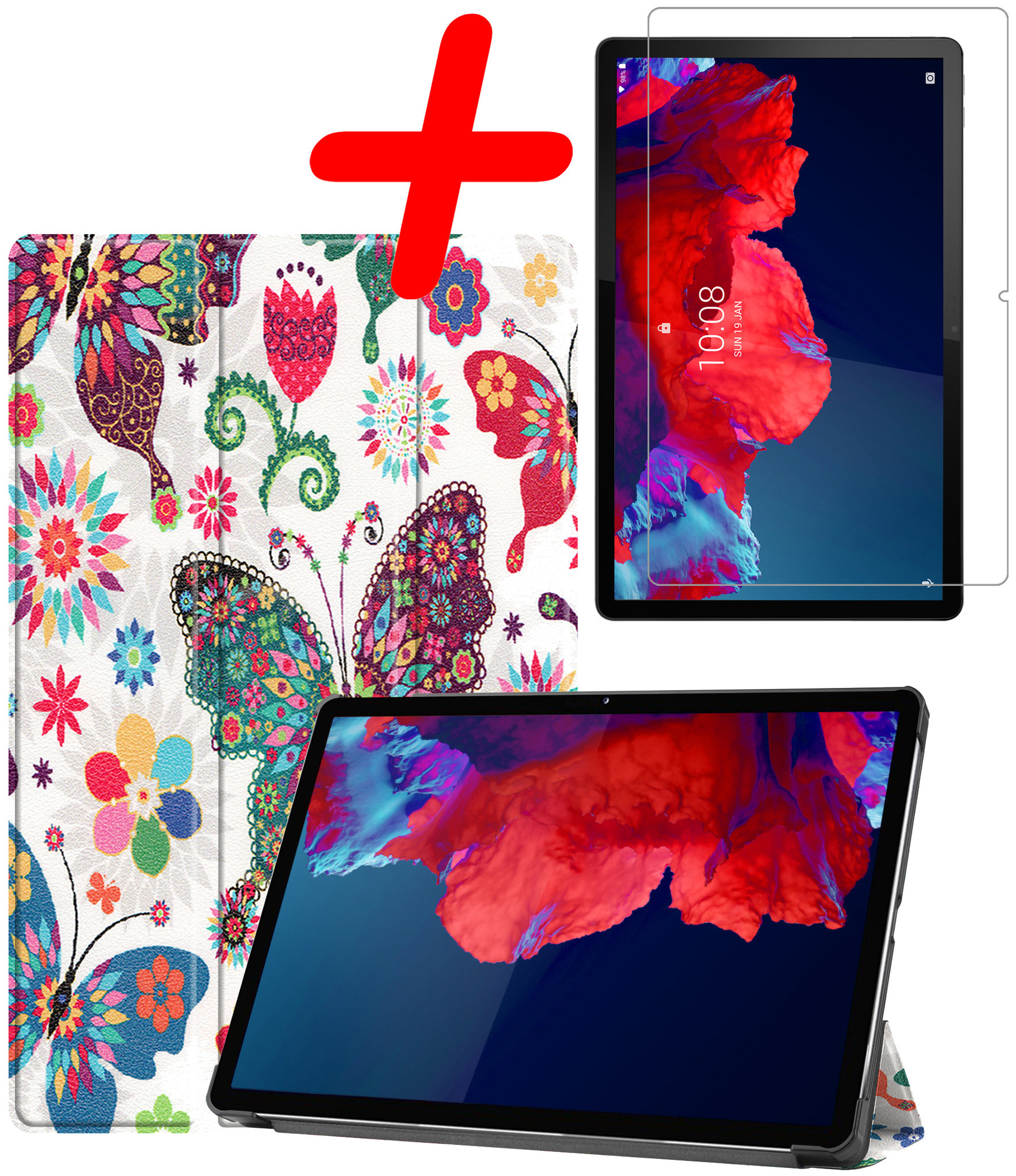 BASEY. Hoesje Geschikt voor Lenovo Tab P11 Plus Hoes Case Tablet Hoesje Tri-fold Met Screenprotector - Hoes Geschikt voor Lenovo Tab P11 Plus Hoesje Hard Cover Bookcase Hoes - Vlinders