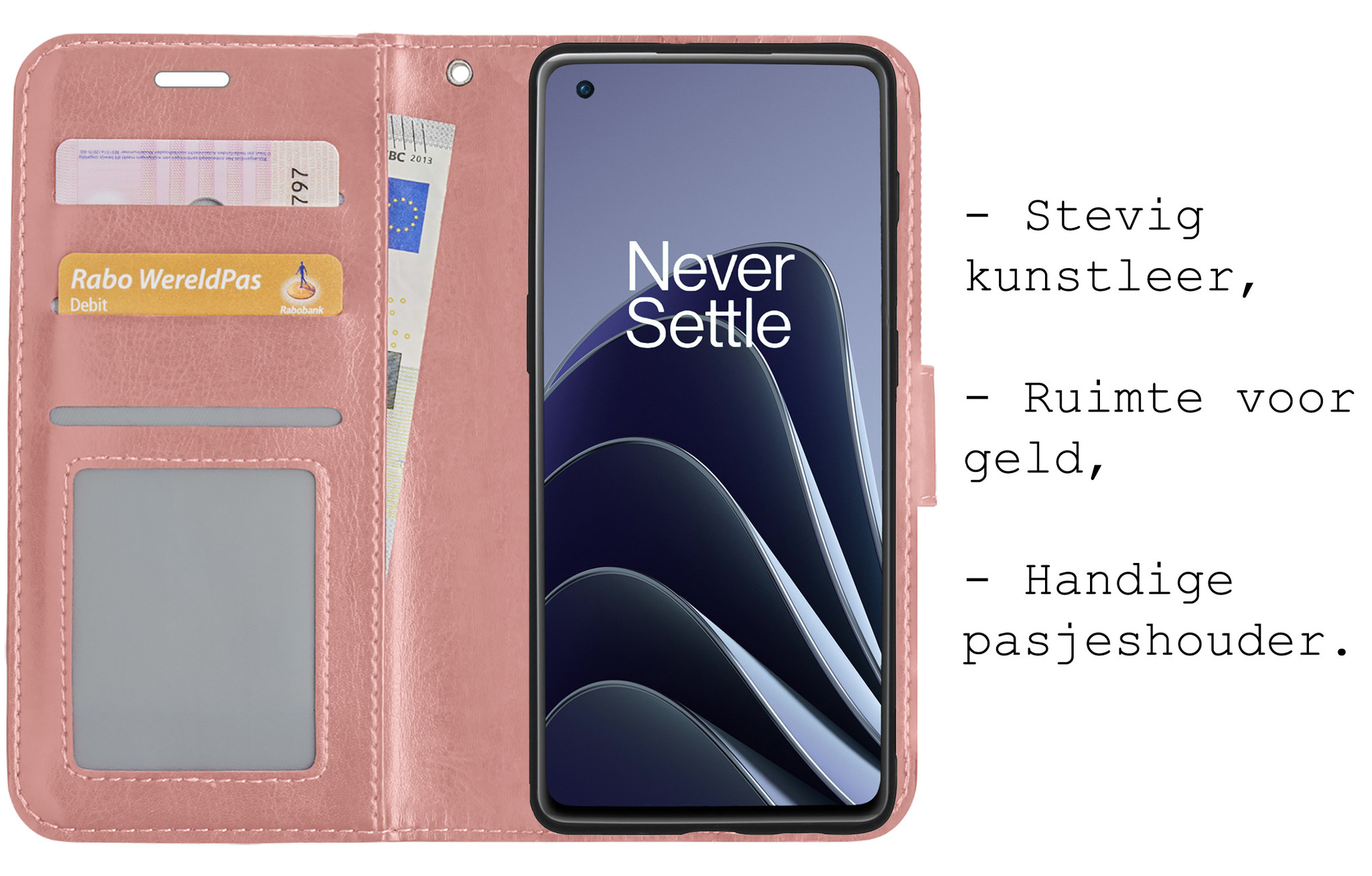 BASEY. Hoes Geschikt voor OnePlus 10 Pro Hoesje Bookcase Hoes Flip Case Book Cover - Hoesje Geschikt voor OnePlus 10 Pro Hoes Book Case Hoesje - Rosé goud
