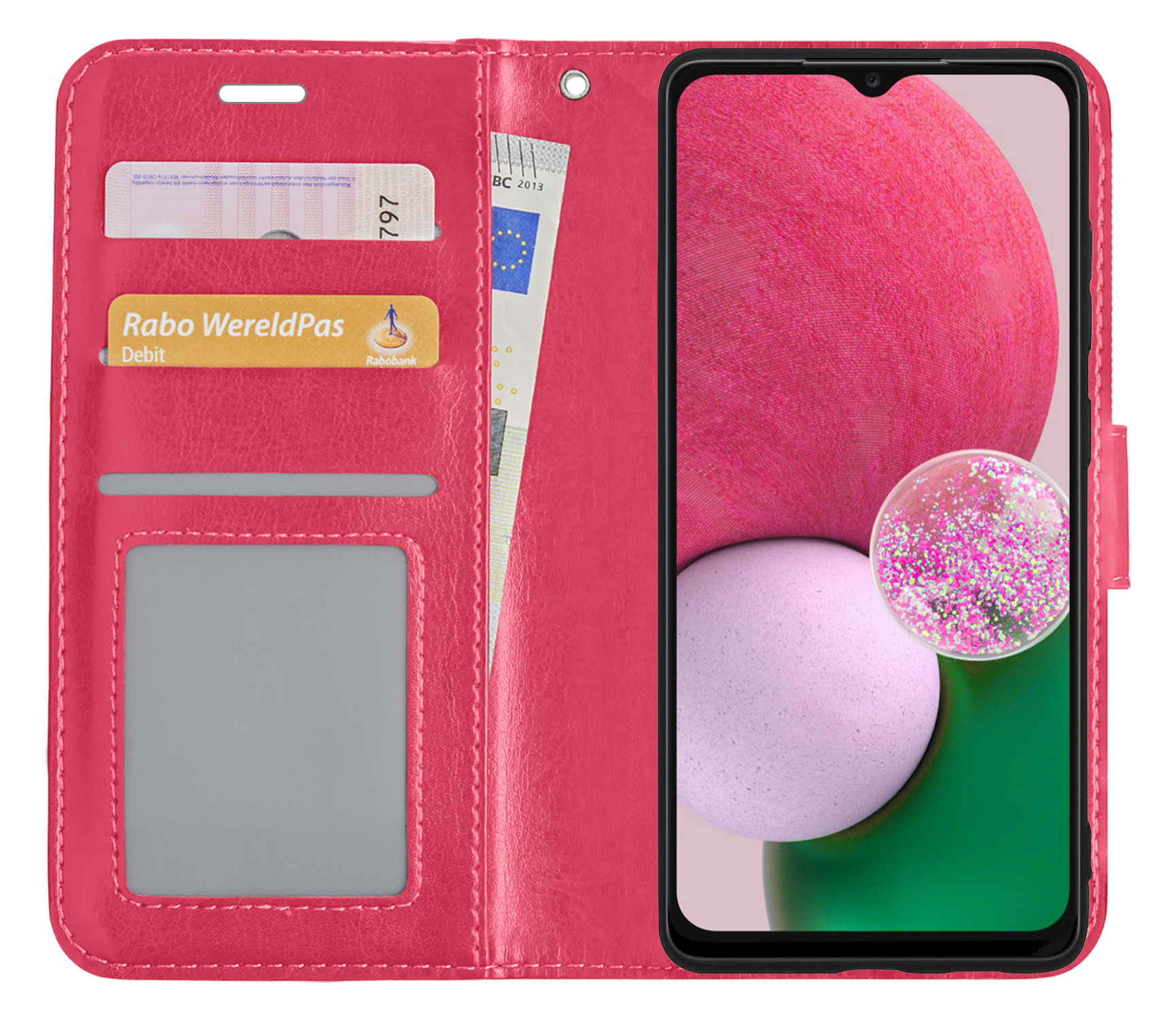 BASEY. Hoes Geschikt voor Samsung A13 5G Hoesje Bookcase Hoes Flip Case Book Cover - Hoesje Geschikt voor Samsung Galaxy A13 5G Hoes Book Case Hoesje - Donkerroze