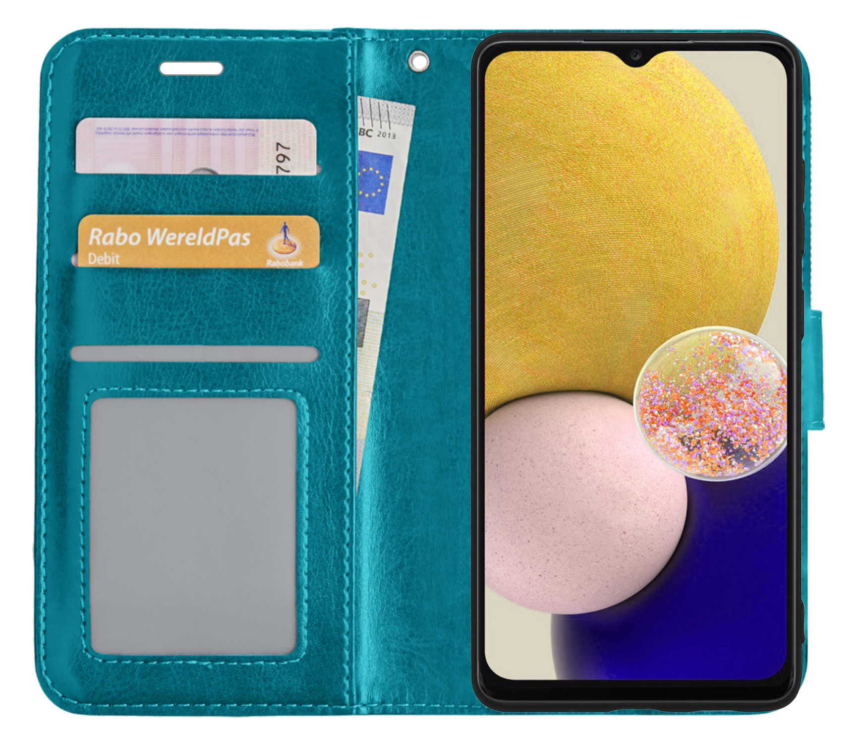 NoXx Hoes Geschikt voor Samsung A13 5G Hoesje Book Case Hoes Flip Cover Wallet Bookcase - Turquoise