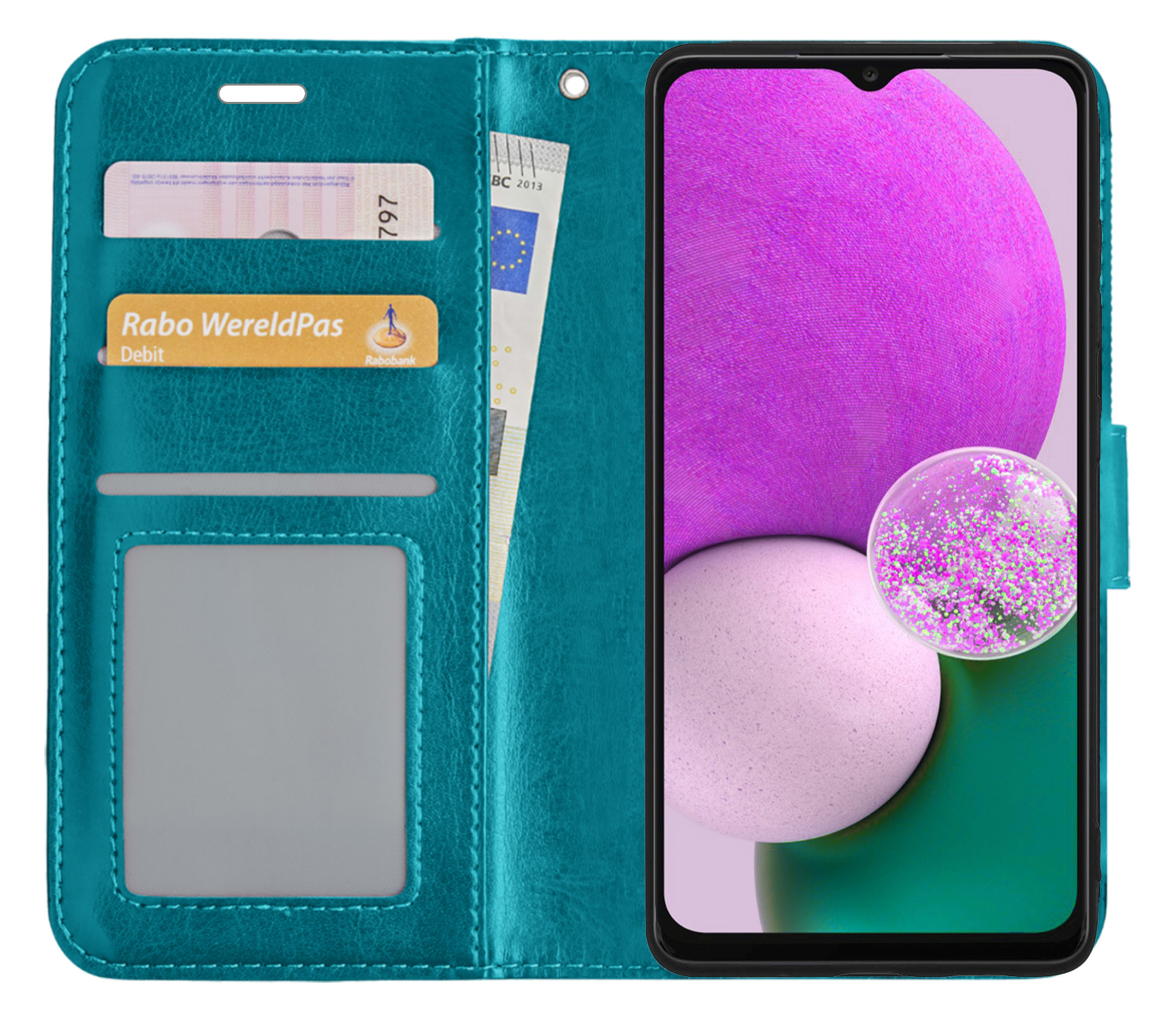 Nomfy Hoesje Geschikt voor Samsung A13 5G Hoes Bookcase Flipcase Book Cover - Hoes Geschikt voor Samsung Galaxy A13 5G Hoesje Book Case - Turquoise