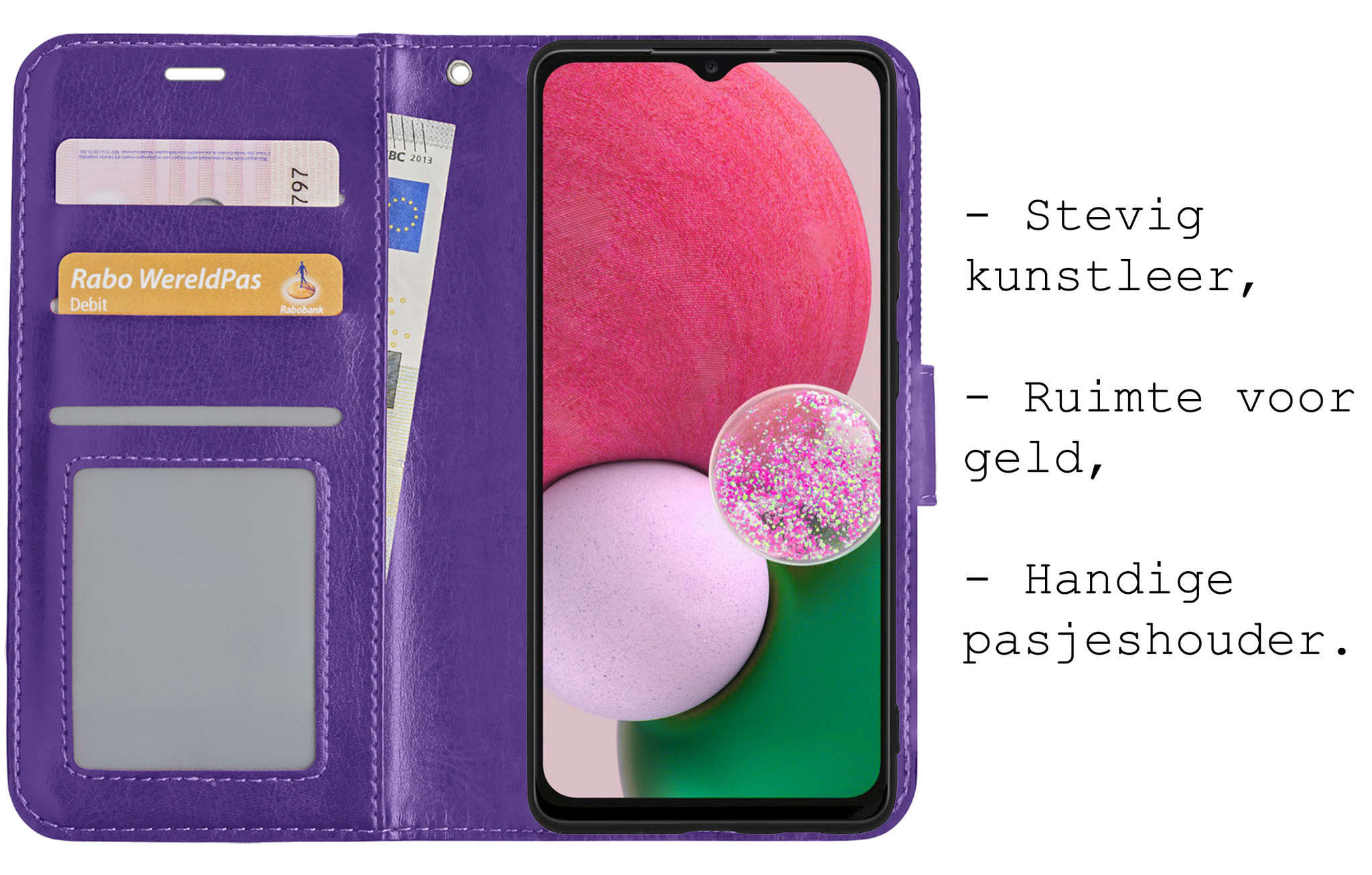 BASEY. Hoes Geschikt voor Samsung A13 5G Hoesje Bookcase Hoes Flip Case Book Cover Met 2x Screenprotector - Hoesje Geschikt voor Samsung Galaxy A13 5G Hoes Book Case Hoesje - Paars