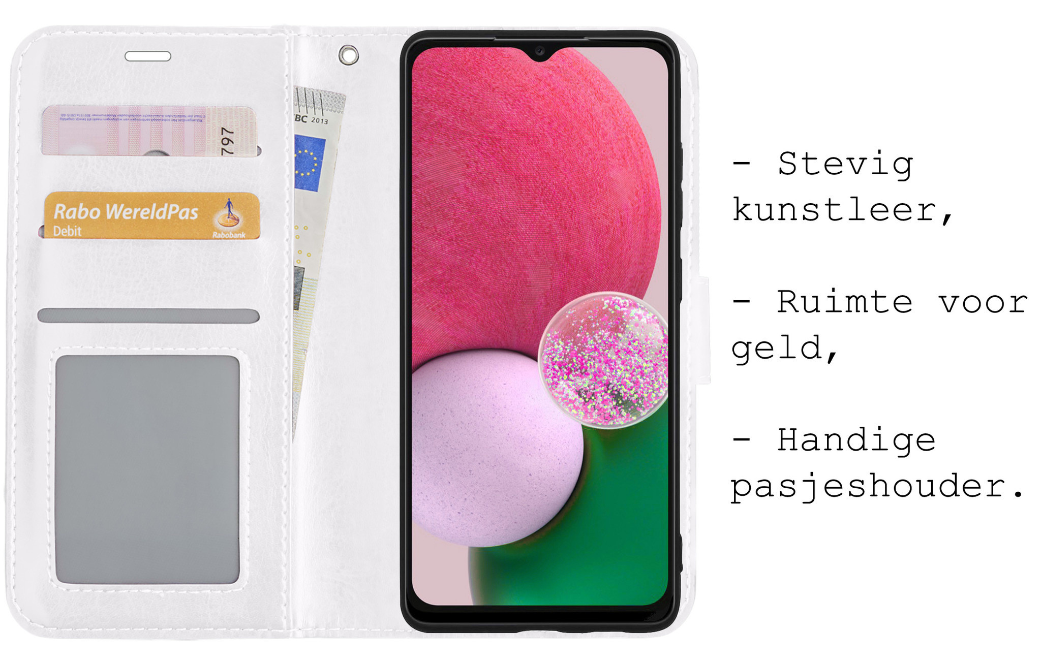 BASEY. Hoes Geschikt voor Samsung A13 5G Hoesje Bookcase Hoes Flip Case Book Cover Met 2x Screenprotector - Hoesje Geschikt voor Samsung Galaxy A13 5G Hoes Book Case Hoesje - Wit