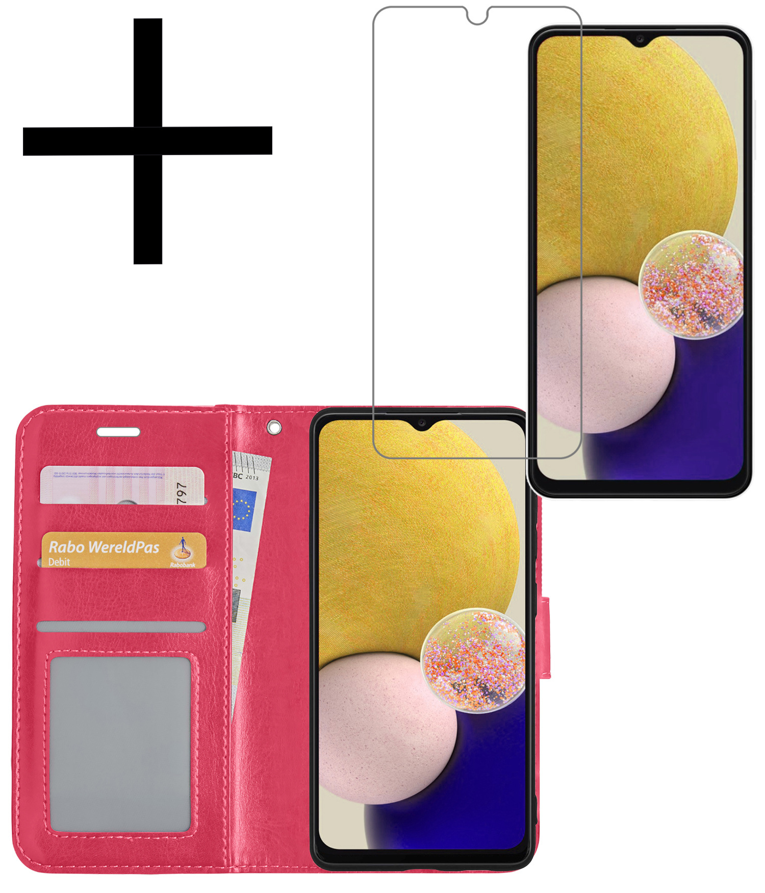 NoXx Hoes Geschikt voor Samsung A13 5G Hoesje Book Case Hoes Flip Cover Wallet Bookcase Met Screenprotector - Donkerroze