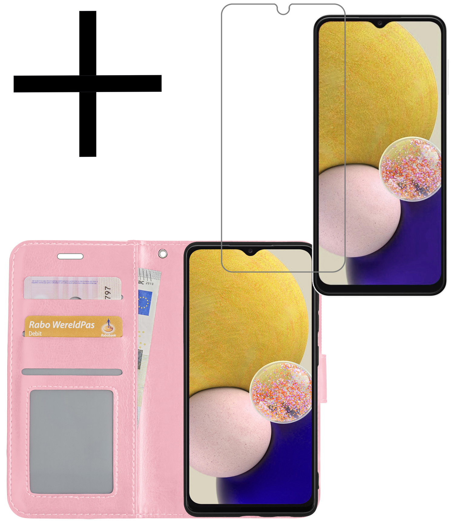 NoXx Hoes Geschikt voor Samsung A13 5G Hoesje Book Case Hoes Flip Cover Wallet Bookcase Met Screenprotector - Lichtroze