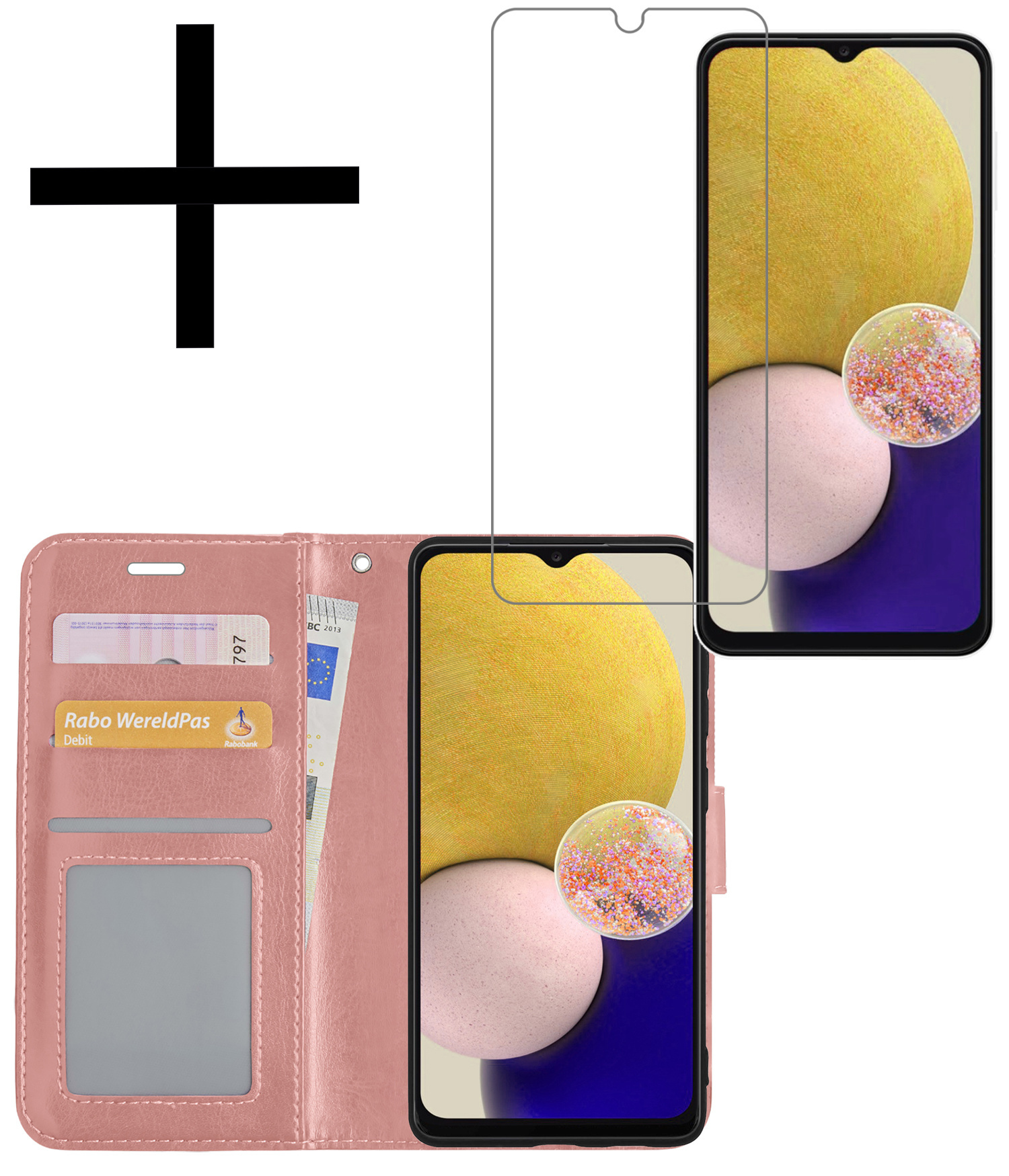 NoXx Hoes Geschikt voor Samsung A13 5G Hoesje Book Case Hoes Flip Cover Wallet Bookcase Met Screenprotector - Rosé goud