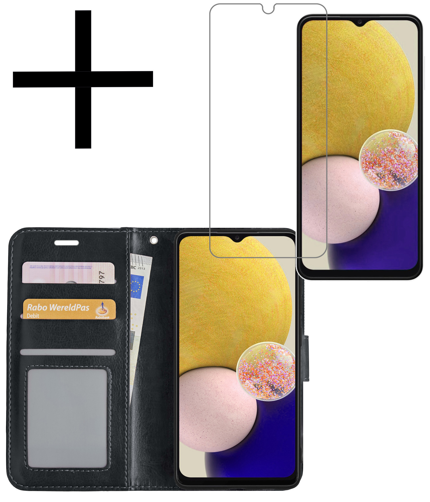 NoXx Hoes Geschikt voor Samsung A13 5G Hoesje Book Case Hoes Flip Cover Wallet Bookcase Met Screenprotector - Zwart