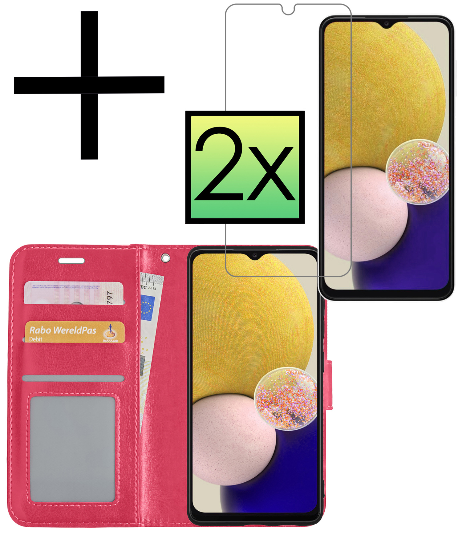NoXx Hoes Geschikt voor Samsung A13 5G Hoesje Book Case Hoes Flip Cover Wallet Bookcase Met 2x Screenprotector - Donkerroze