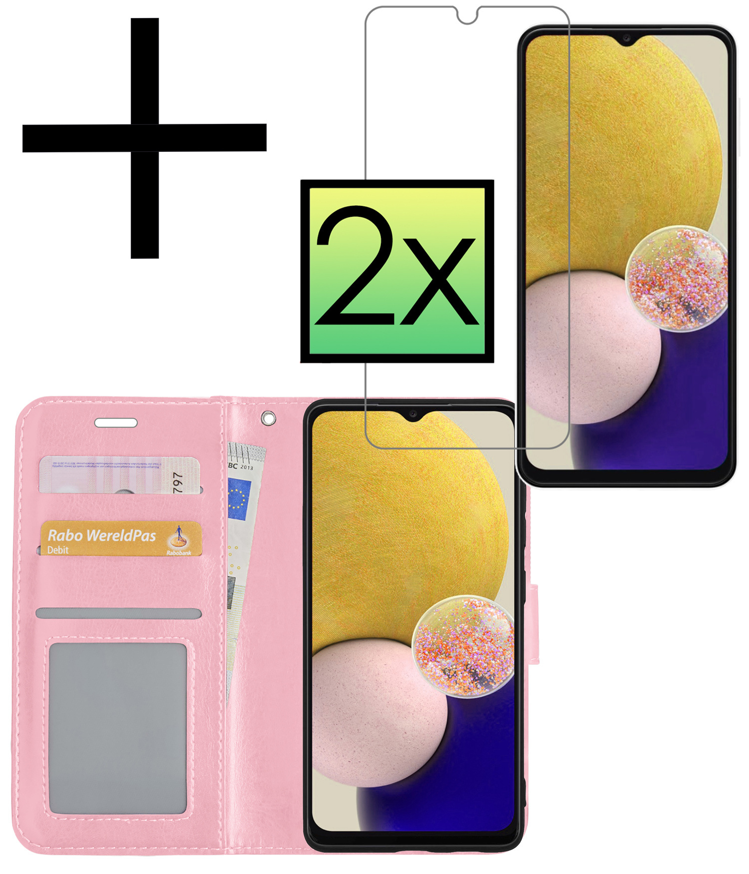NoXx Hoes Geschikt voor Samsung A13 5G Hoesje Book Case Hoes Flip Cover Wallet Bookcase Met 2x Screenprotector - Lichtroze