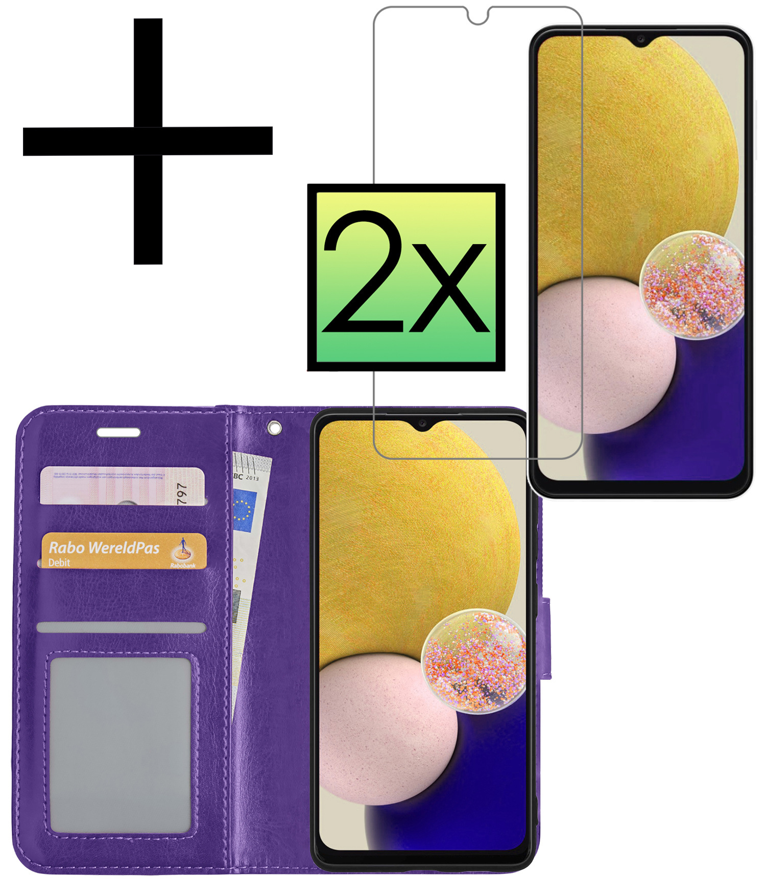 NoXx Hoes Geschikt voor Samsung A13 5G Hoesje Book Case Hoes Flip Cover Wallet Bookcase Met 2x Screenprotector - Paars