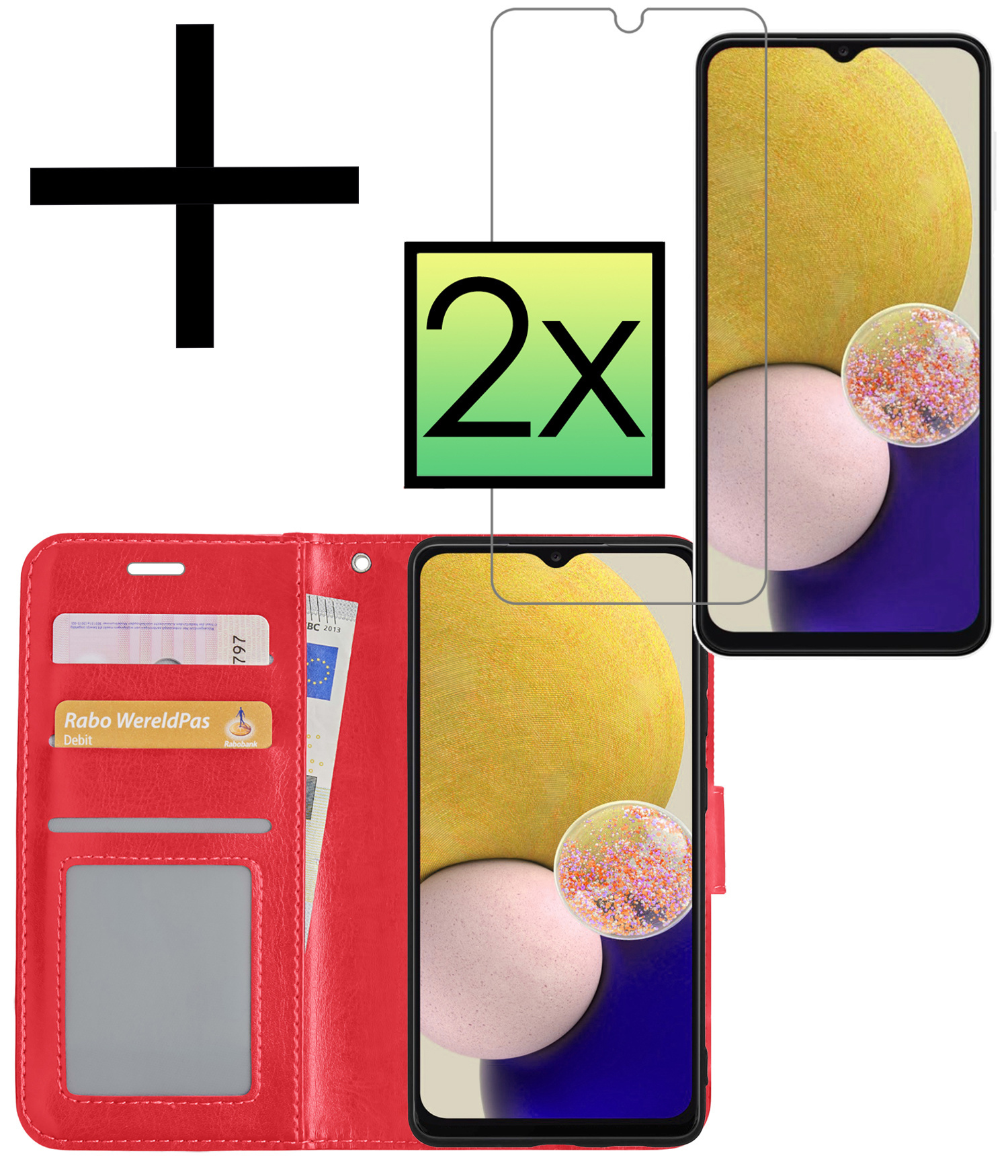 NoXx Hoes Geschikt voor Samsung A13 5G Hoesje Book Case Hoes Flip Cover Wallet Bookcase Met 2x Screenprotector - Rood