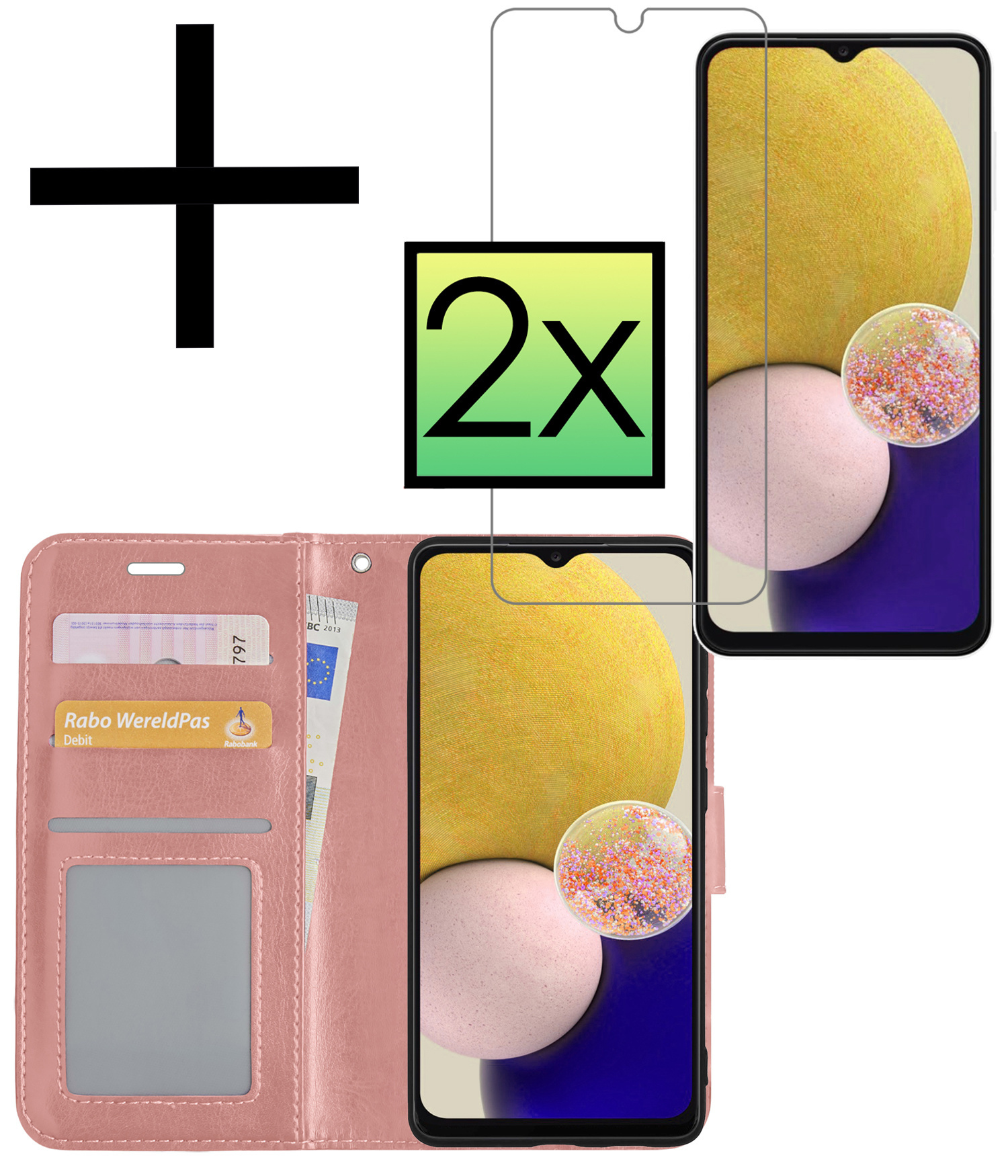 NoXx Hoes Geschikt voor Samsung A13 5G Hoesje Book Case Hoes Flip Cover Wallet Bookcase Met 2x Screenprotector - Rosé goud