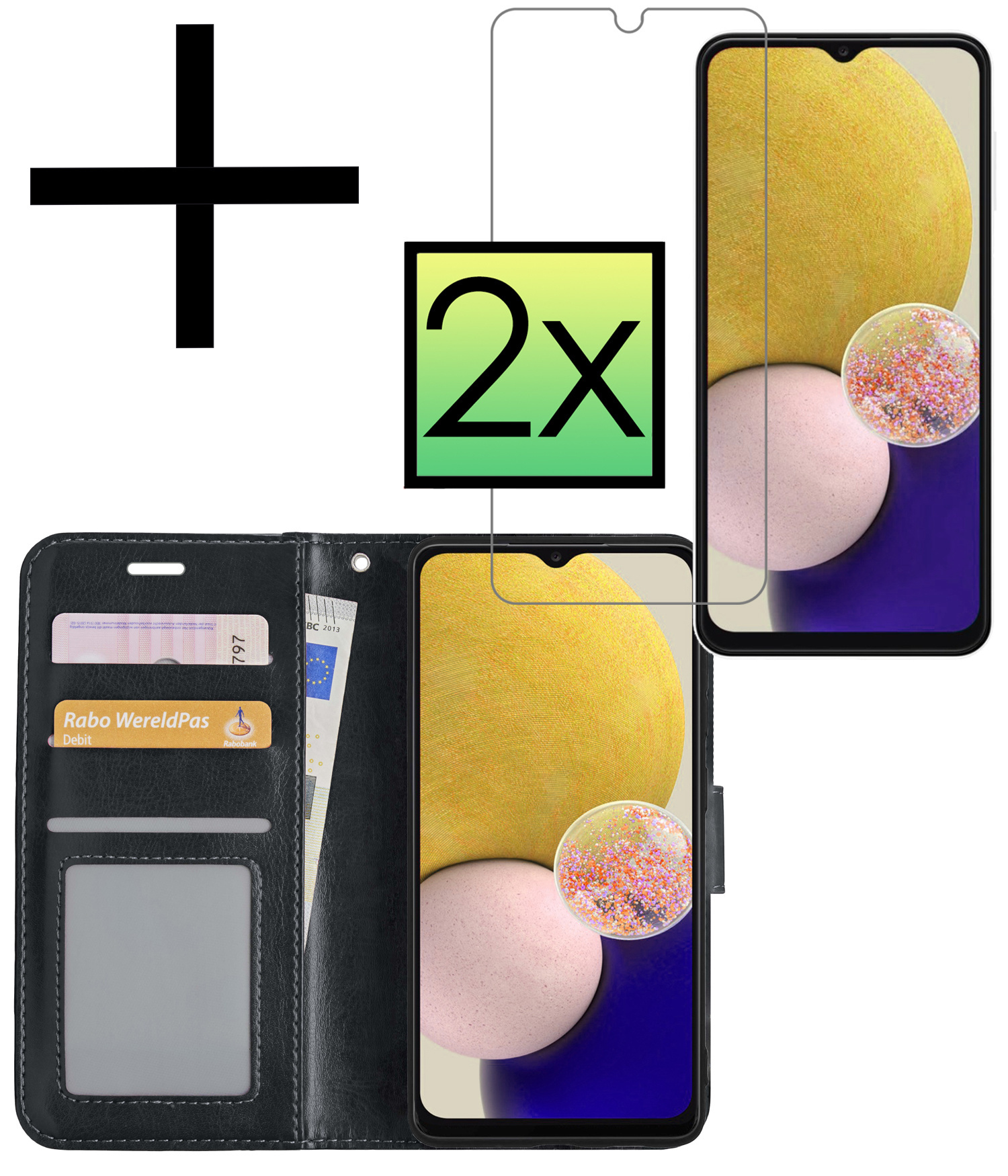 NoXx Hoes Geschikt voor Samsung A13 5G Hoesje Book Case Hoes Flip Cover Wallet Bookcase Met 2x Screenprotector - Zwart