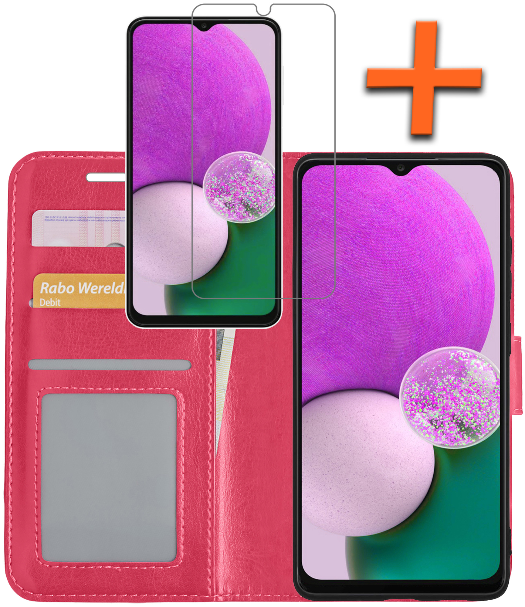 Nomfy Hoesje Geschikt voor Samsung A13 5G Hoes Bookcase Flipcase Book Cover Met Screenprotector - Hoes Geschikt voor Samsung Galaxy A13 5G Hoesje Book Case - Donkerroze
