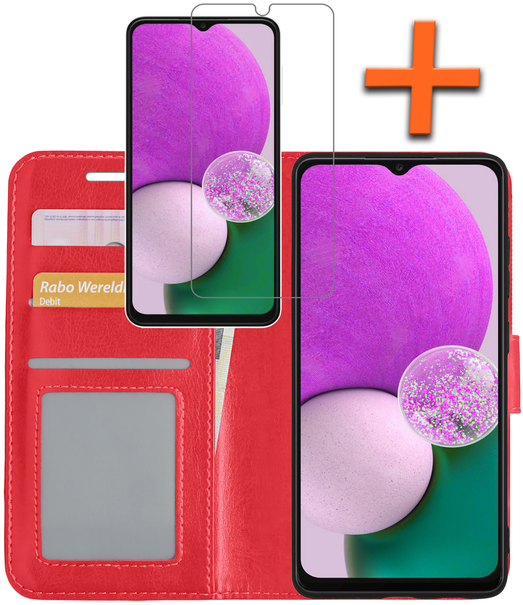 Nomfy Hoesje Geschikt voor Samsung A13 5G Hoes Bookcase Flipcase Book Cover Met Screenprotector - Hoes Geschikt voor Samsung Galaxy A13 5G Hoesje Book Case - Rood
