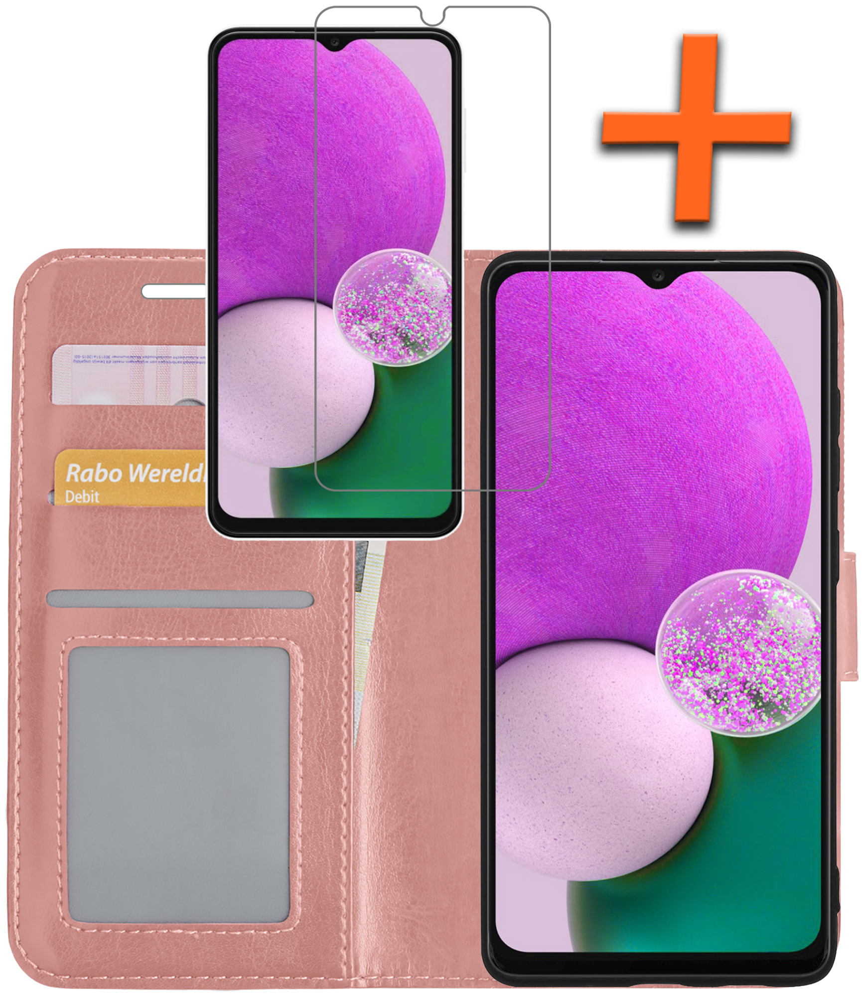 Nomfy Hoesje Geschikt voor Samsung A13 5G Hoes Bookcase Flipcase Book Cover Met Screenprotector - Hoes Geschikt voor Samsung Galaxy A13 5G Hoesje Book Case - Rosé goud