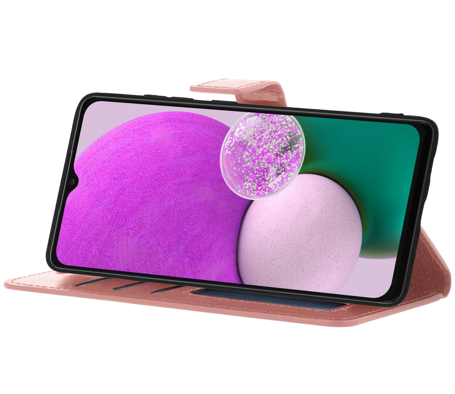 Nomfy Hoesje Geschikt voor Samsung A13 5G Hoes Bookcase Flipcase Book Cover Met Screenprotector - Hoes Geschikt voor Samsung Galaxy A13 5G Hoesje Book Case - Rosé goud