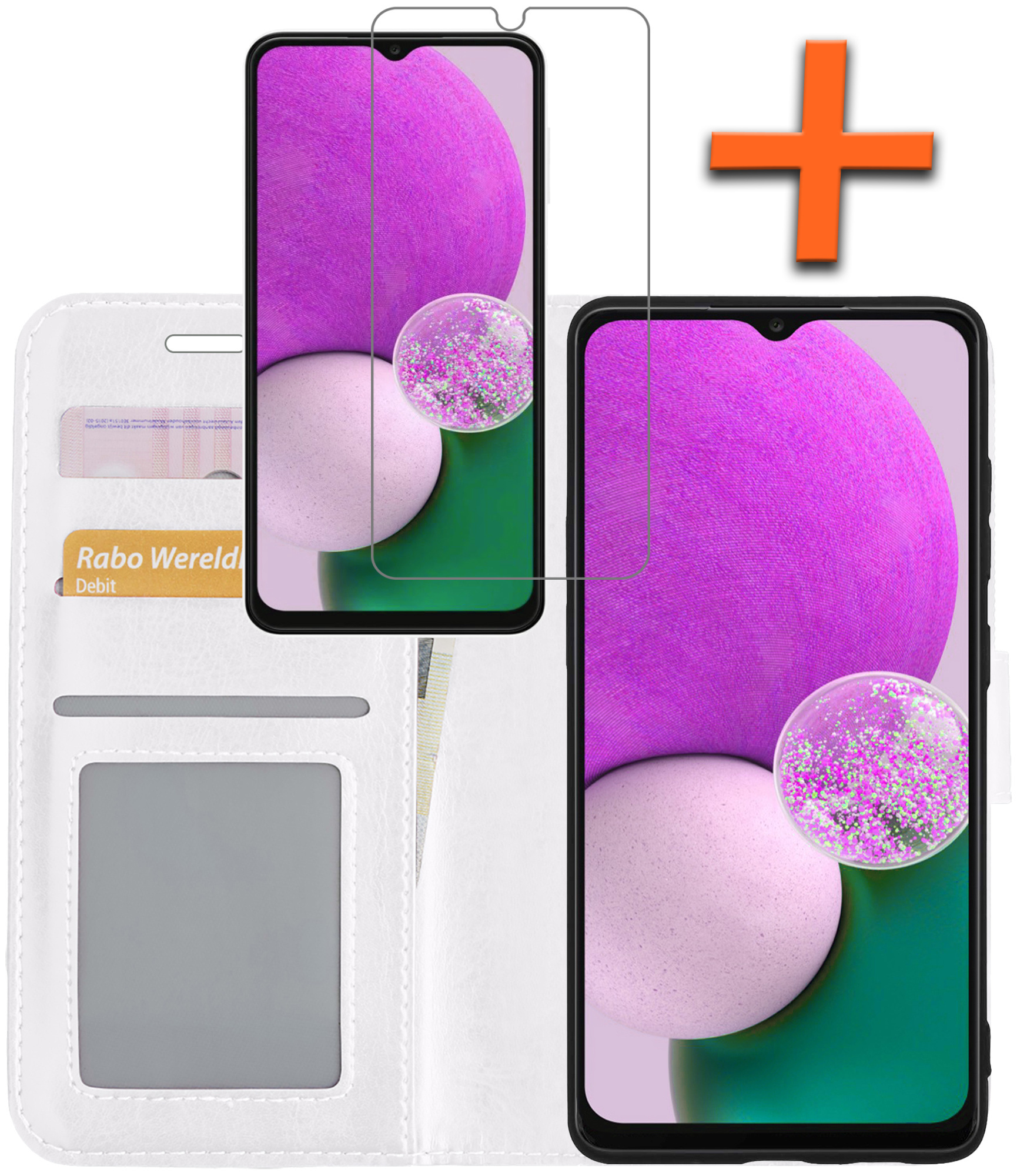 Nomfy Hoesje Geschikt voor Samsung A13 5G Hoes Bookcase Flipcase Book Cover Met Screenprotector - Hoes Geschikt voor Samsung Galaxy A13 5G Hoesje Book Case - Wit