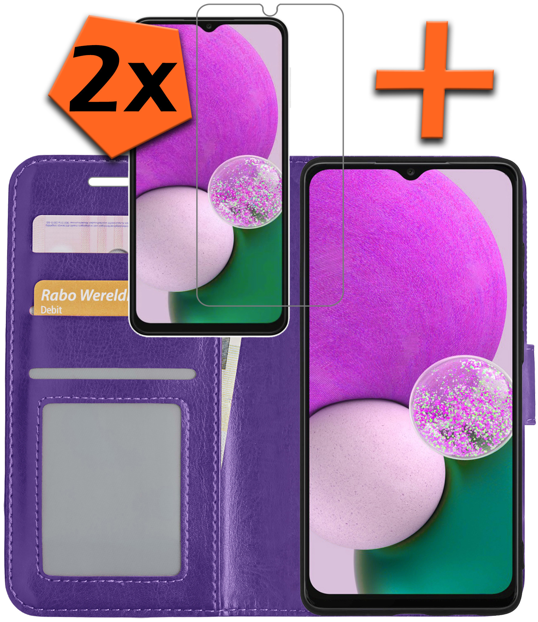 Nomfy Hoesje Geschikt voor Samsung A13 5G Hoes Bookcase Flipcase Book Cover Met 2x Screenprotector - Hoes Geschikt voor Samsung Galaxy A13 5G Hoesje Book Case - Paars