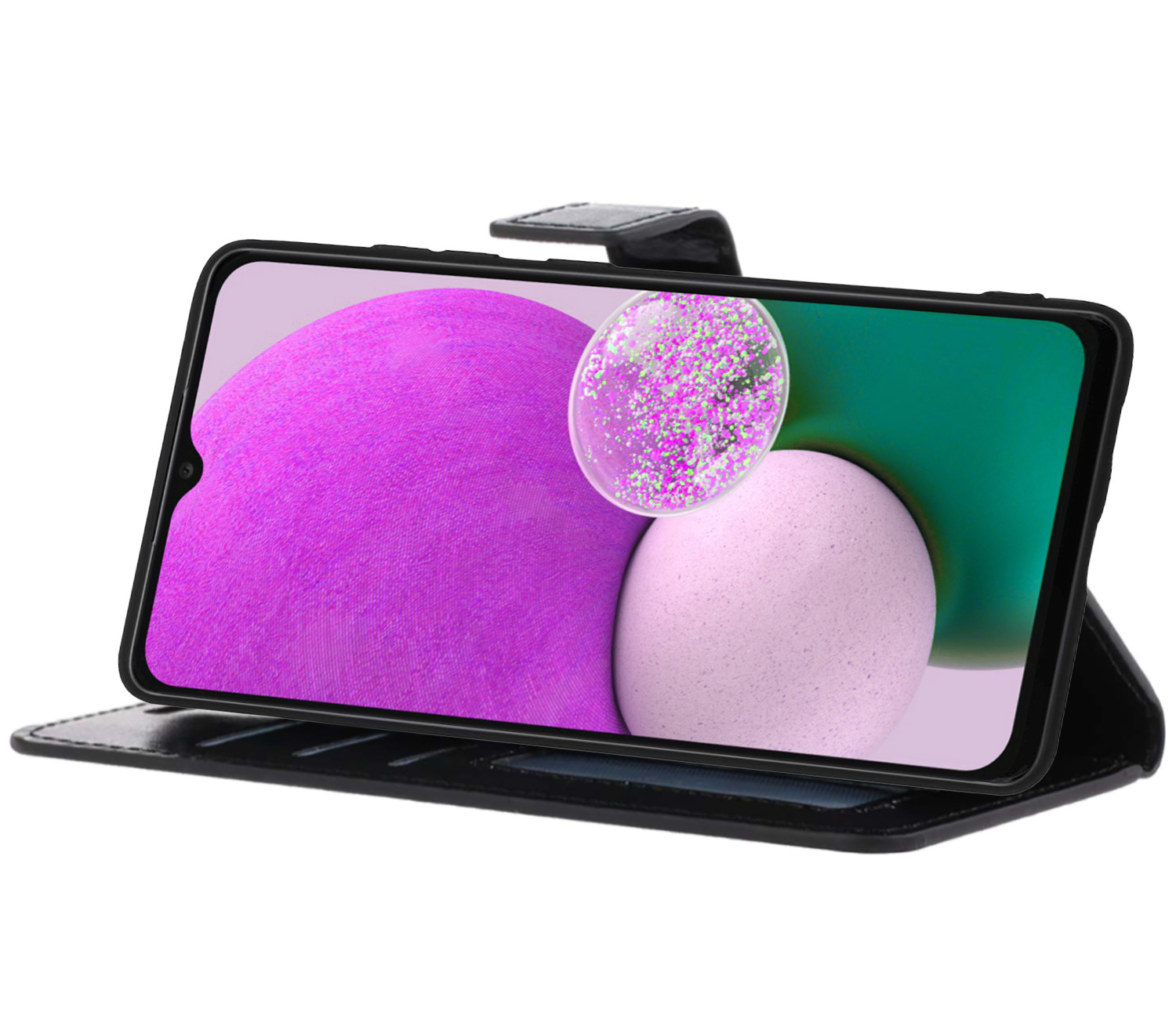 Nomfy Hoesje Geschikt voor Samsung A13 5G Hoes Bookcase Flipcase Book Cover Met 2x Screenprotector - Hoes Geschikt voor Samsung Galaxy A13 5G Hoesje Book Case - Zwart