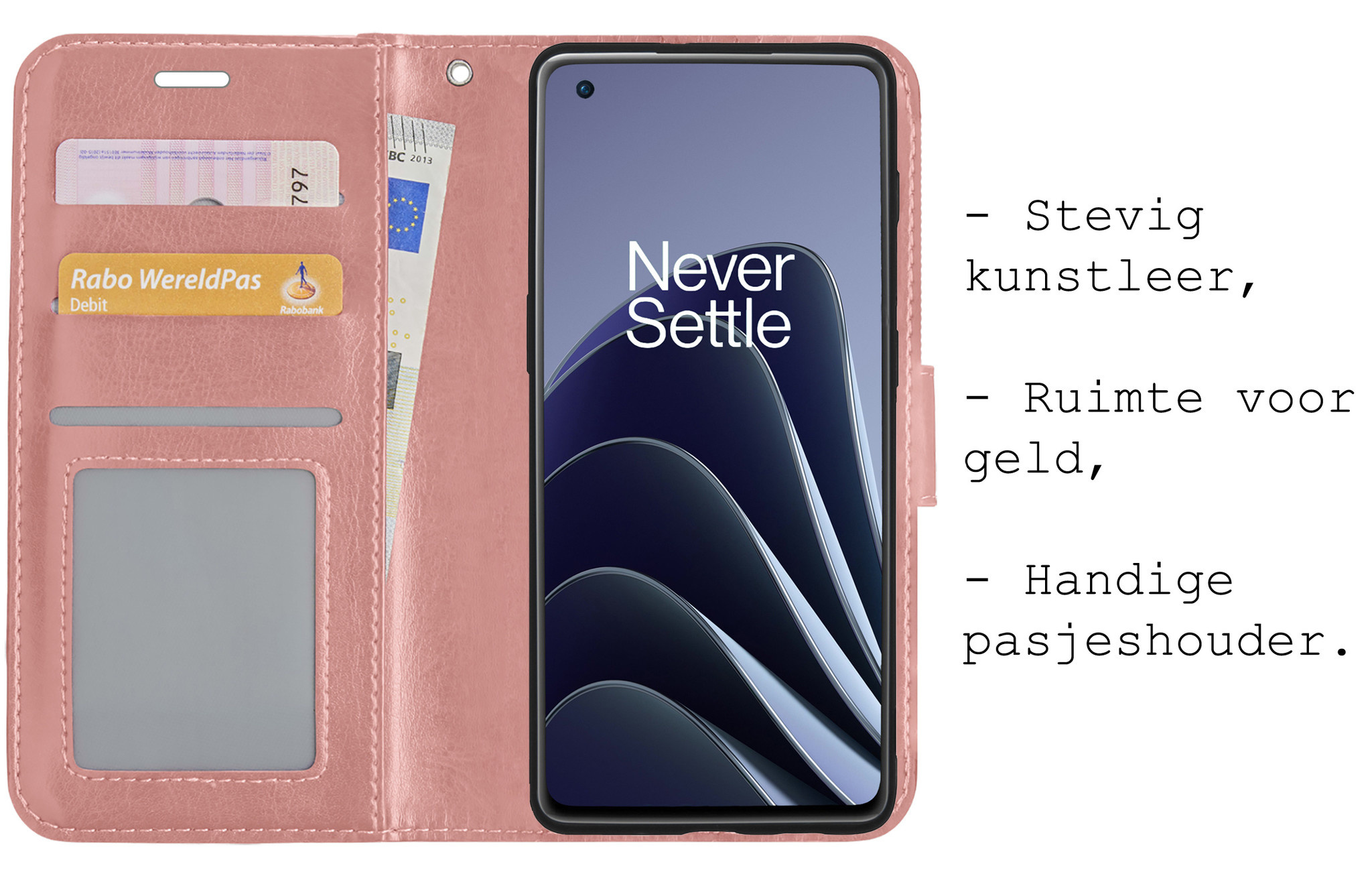 BASEY. Hoes Geschikt voor OnePlus 10 Pro Hoesje Bookcase Hoes Flip Case Book Cover Met 2x Screenprotector - Hoesje Geschikt voor OnePlus 10 Pro Hoes Book Case Hoesje - Rosé goud