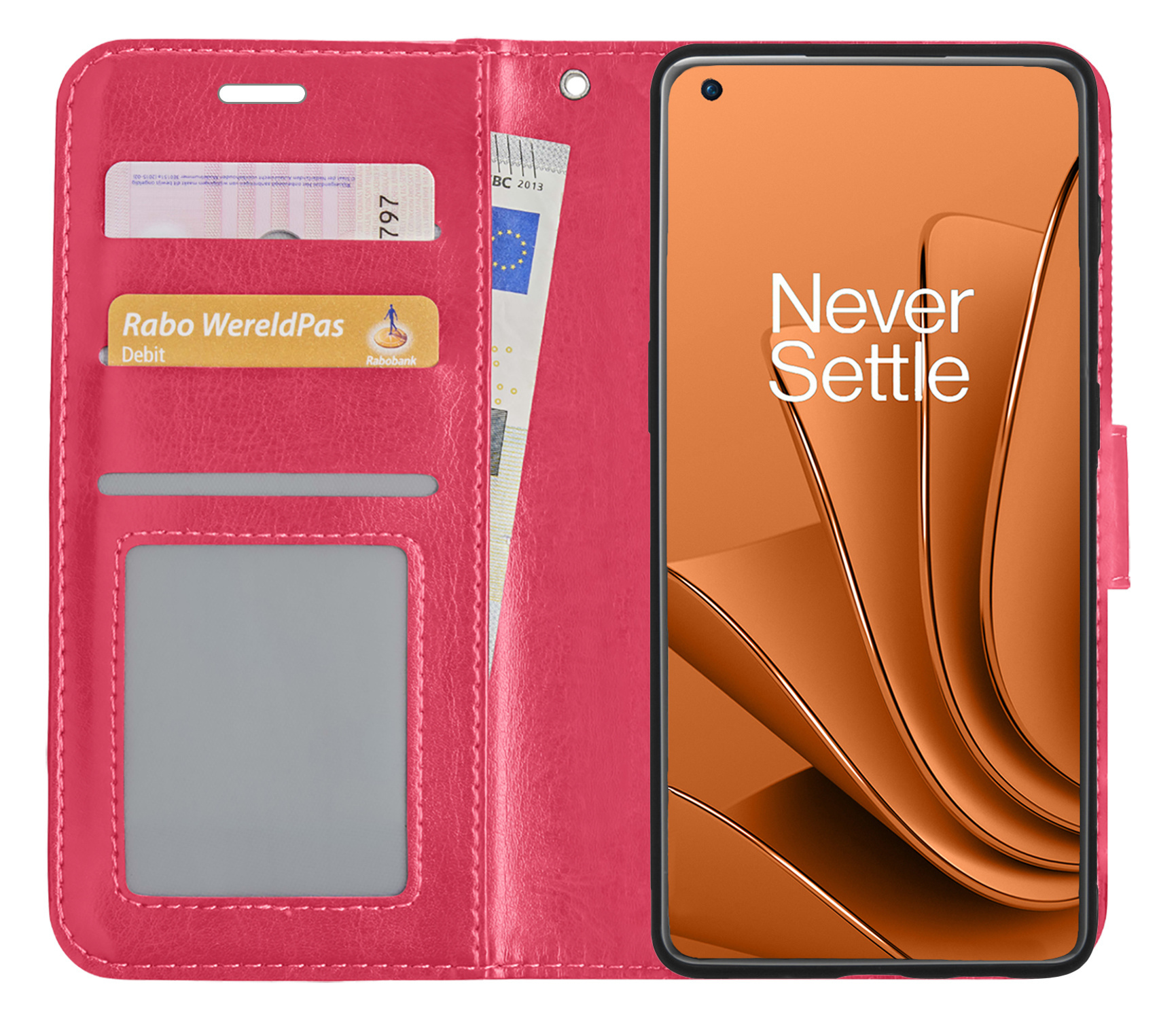 Nomfy Hoesje Geschikt voor OnePlus 10 Pro Hoes Bookcase Flipcase Book Cover Met Screenprotector - Hoes Geschikt voor OnePlus 10 Pro Hoesje Book Case - Donkerroze