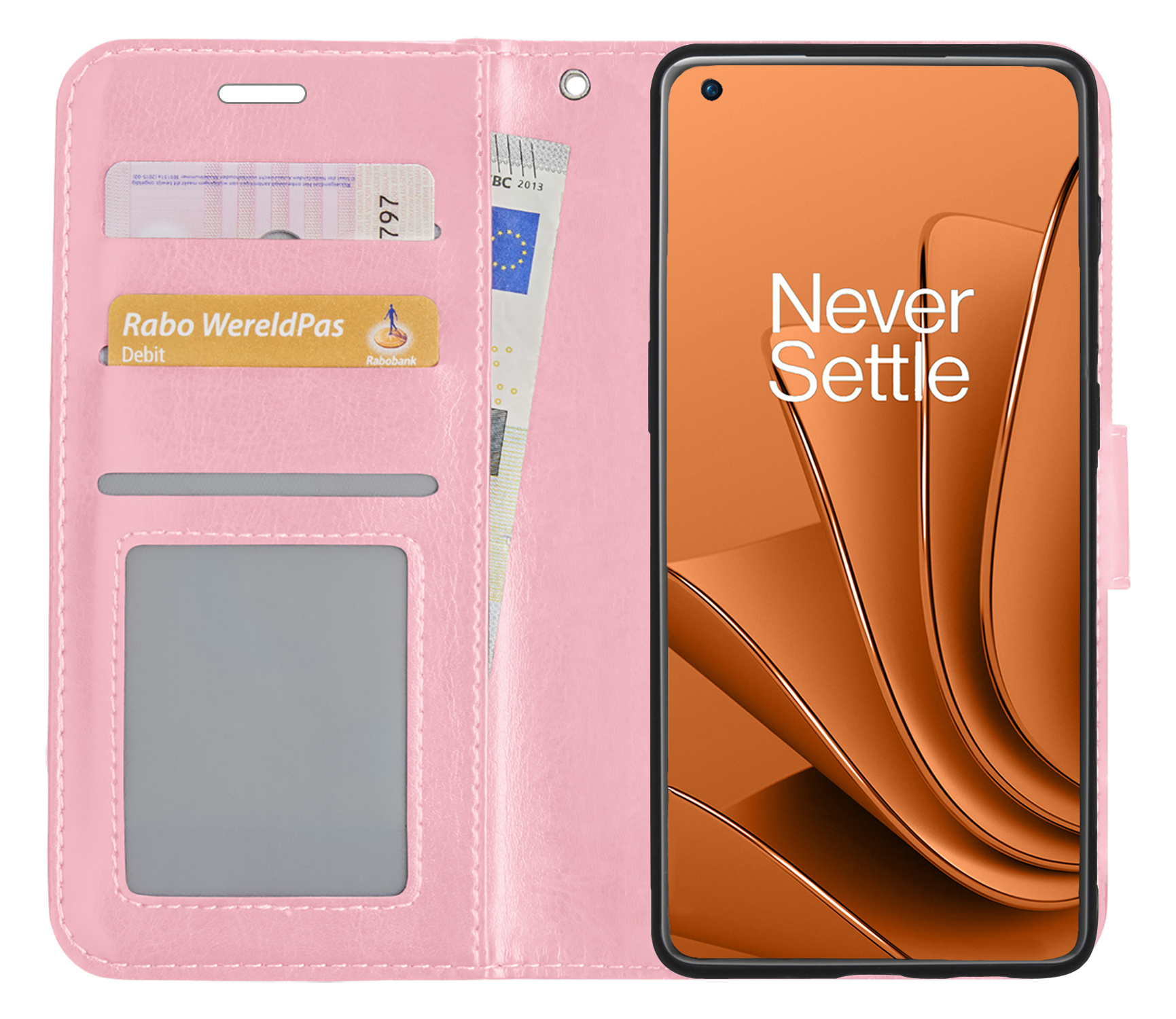 Nomfy Hoesje Geschikt voor OnePlus 10 Pro Hoes Bookcase Flipcase Book Cover Met 2x Screenprotector - Hoes Geschikt voor OnePlus 10 Pro Hoesje Book Case - Lichtroze