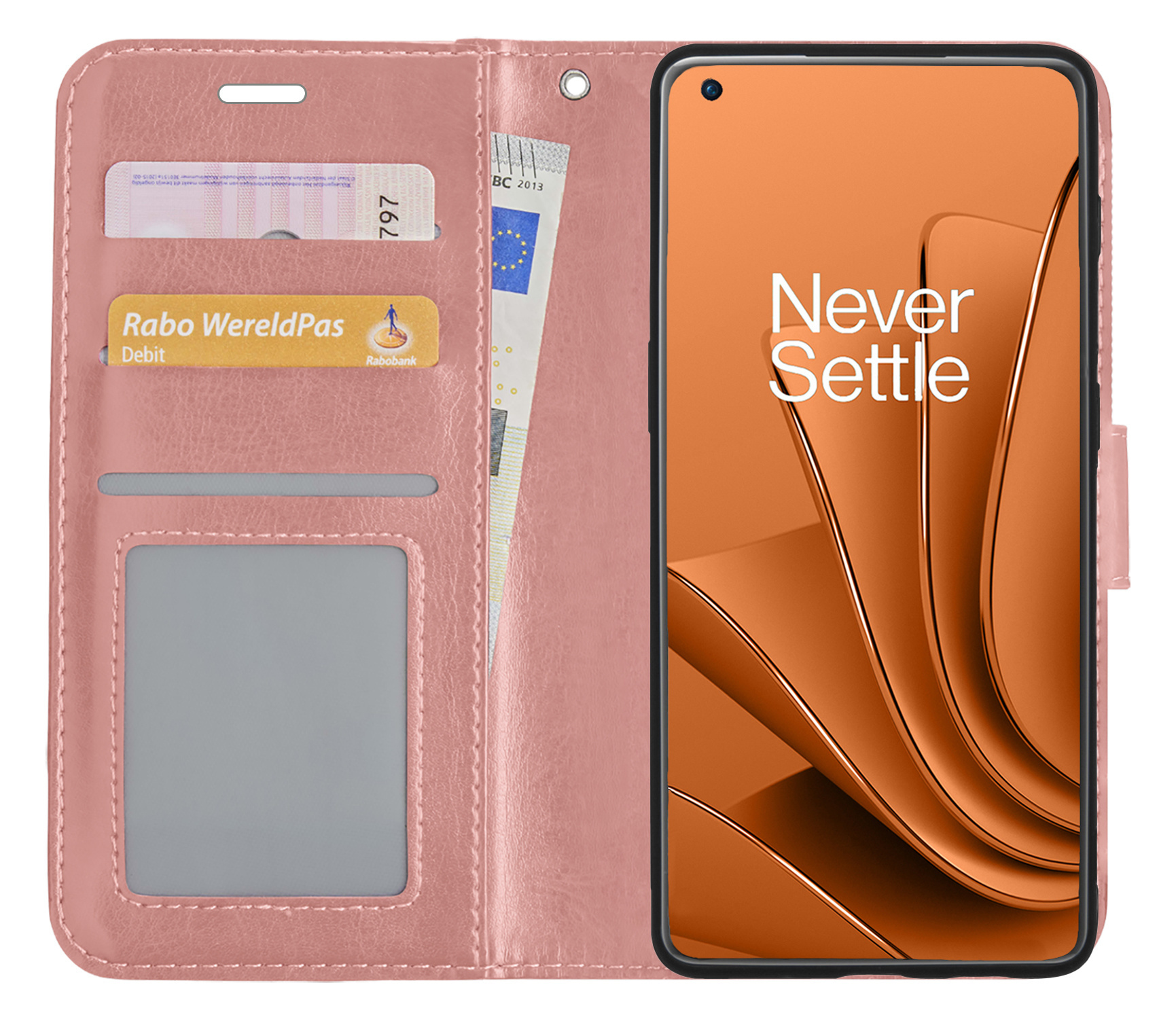 Nomfy Hoesje Geschikt voor OnePlus 10 Pro Hoes Bookcase Flipcase Book Cover Met 2x Screenprotector - Hoes Geschikt voor OnePlus 10 Pro Hoesje Book Case - Rosé goud