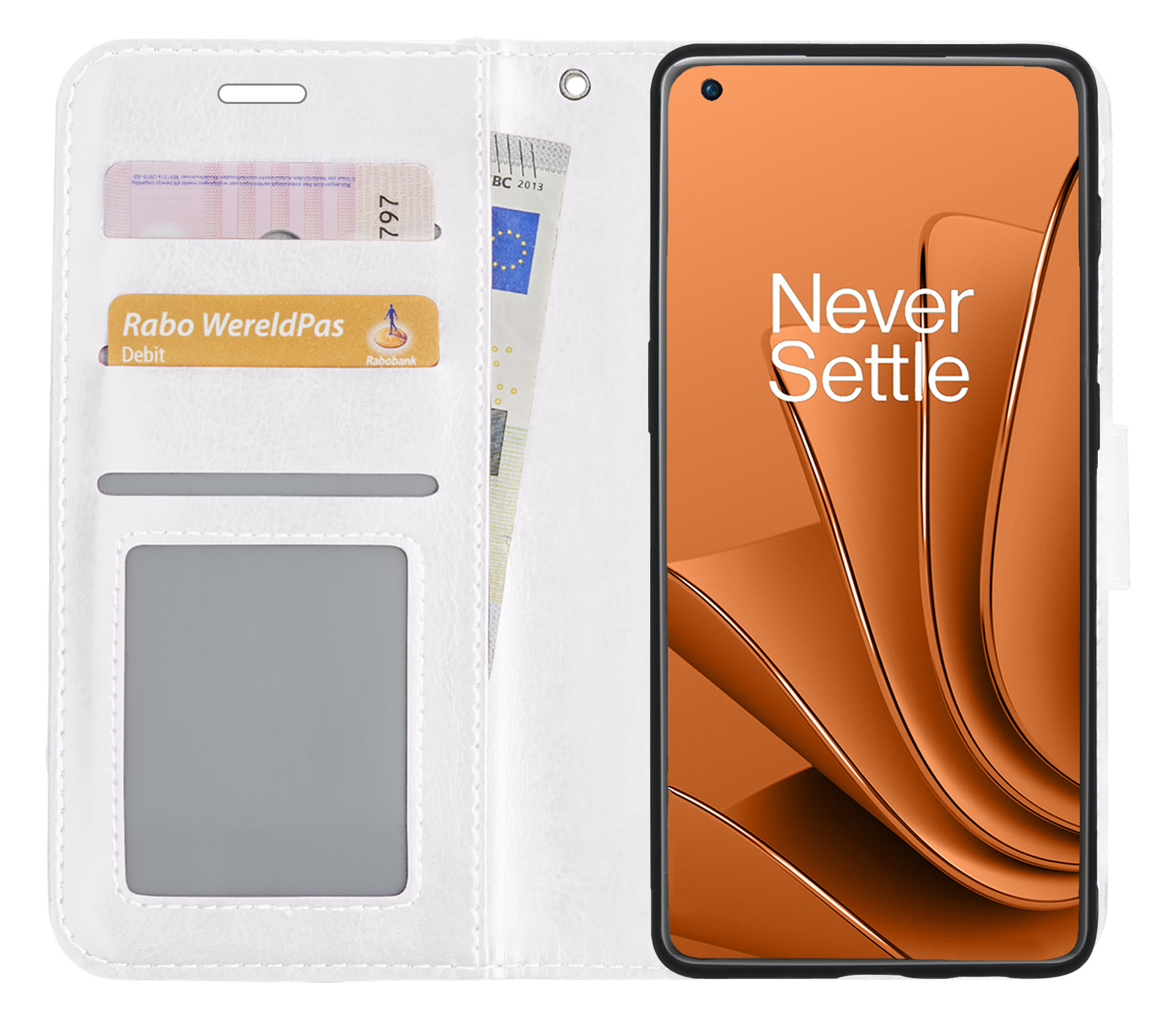 Nomfy Hoesje Geschikt voor OnePlus 10 Pro Hoes Bookcase Flipcase Book Cover Met 2x Screenprotector - Hoes Geschikt voor OnePlus 10 Pro Hoesje Book Case - Wit