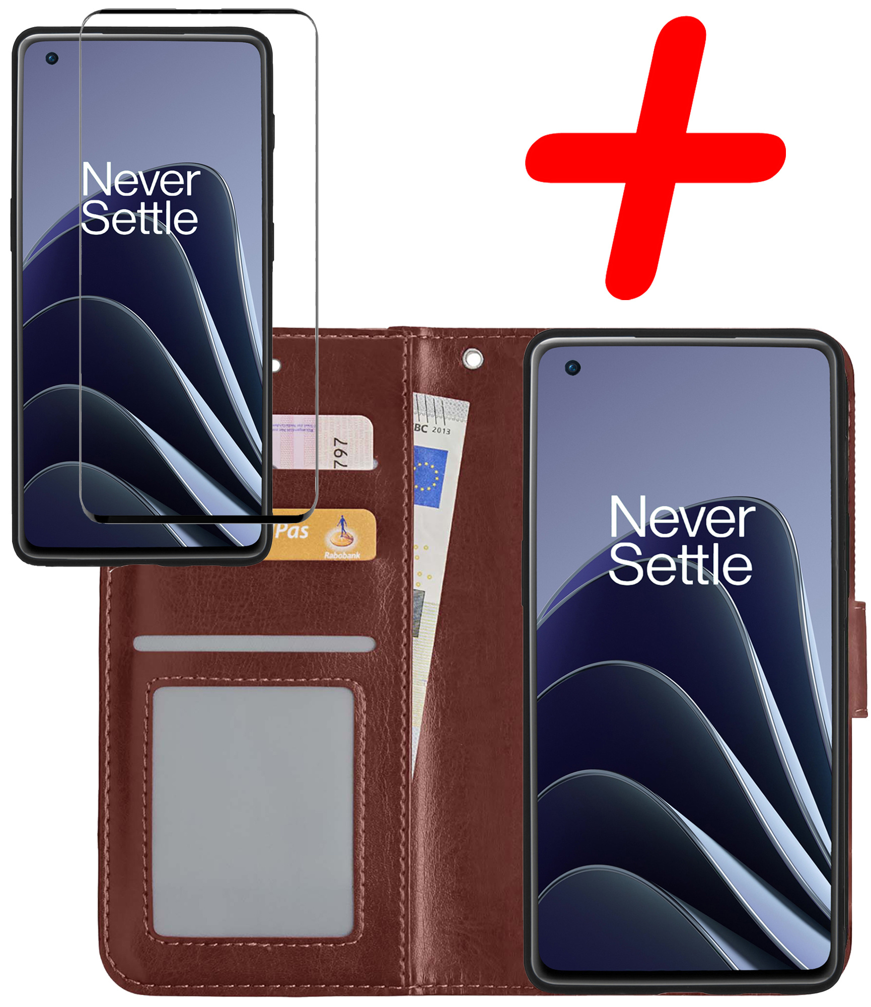 BASEY. Hoes Geschikt voor OnePlus 10 Pro Hoesje Bookcase Hoes Flip Case Book Cover Met Screenprotector - Hoesje Geschikt voor OnePlus 10 Pro Hoes Book Case Hoesje - Bruin