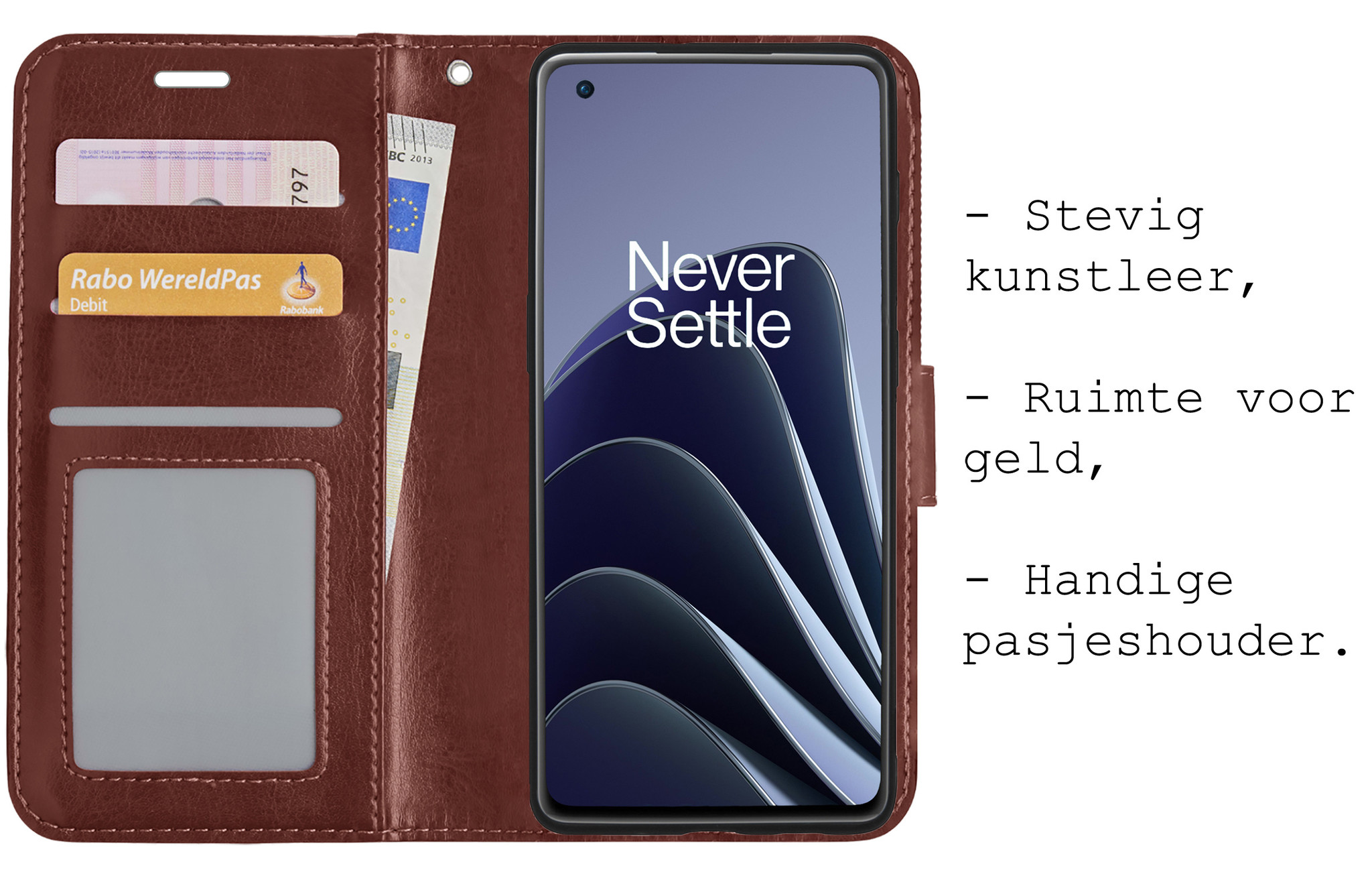 BASEY. Hoes Geschikt voor OnePlus 10 Pro Hoesje Bookcase Hoes Flip Case Book Cover Met Screenprotector - Hoesje Geschikt voor OnePlus 10 Pro Hoes Book Case Hoesje - Bruin
