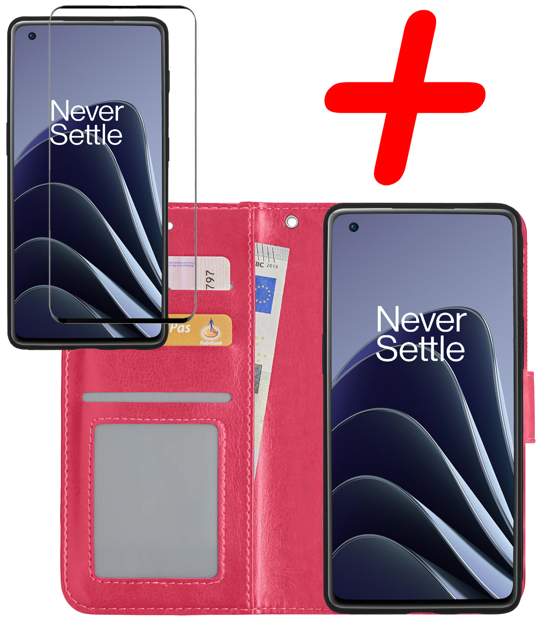 Hoes Geschikt voor OnePlus 10 Pro Hoesje Bookcase Hoes Flip Case Book Cover Met Screenprotector - Hoesje Geschikt voor OnePlus 10 Pro Hoes Book Case Hoesje - Donkerroze