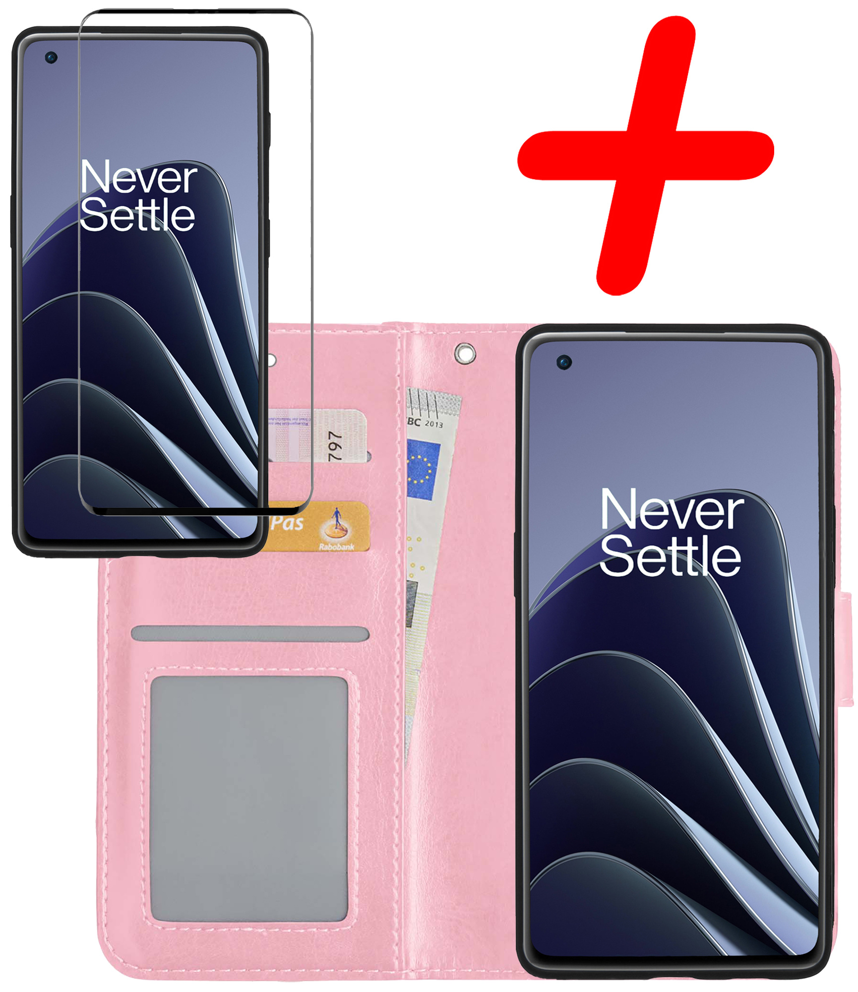 Hoes Geschikt voor OnePlus 10 Pro Hoesje Bookcase Hoes Flip Case Book Cover Met Screenprotector - Hoesje Geschikt voor OnePlus 10 Pro Hoes Book Case Hoesje - Lichtroze