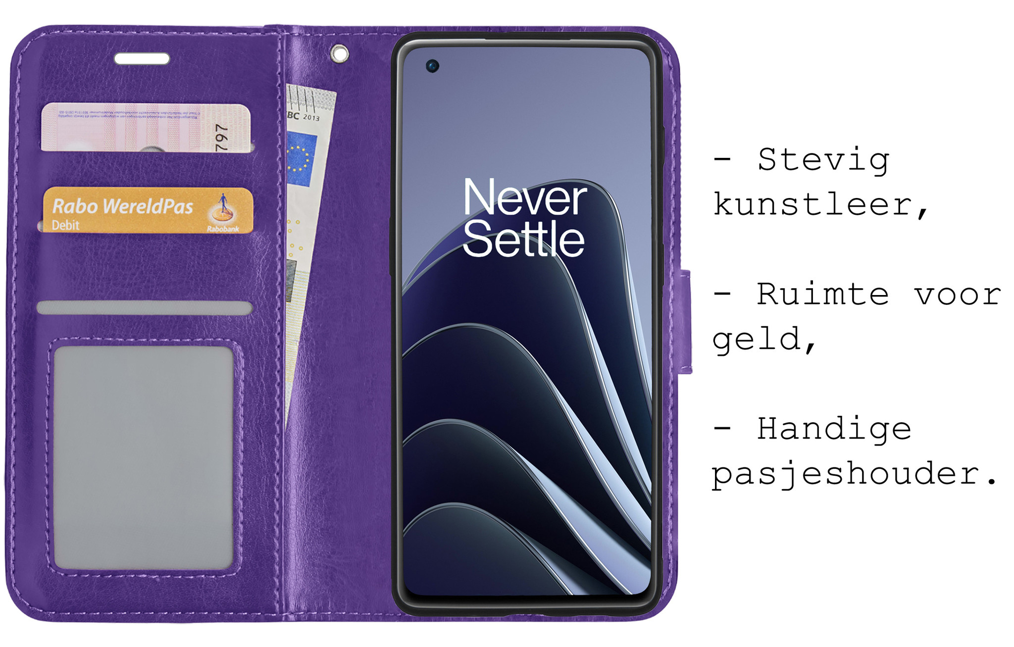 BASEY. Hoes Geschikt voor OnePlus 10 Pro Hoesje Bookcase Hoes Flip Case Book Cover Met Screenprotector - Hoesje Geschikt voor OnePlus 10 Pro Hoes Book Case Hoesje - Paars
