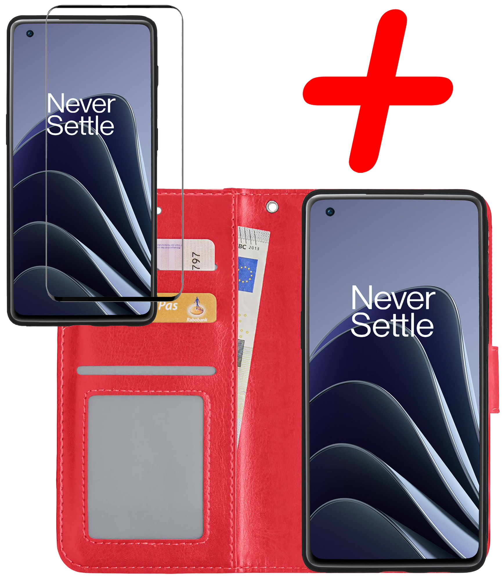 BASEY. Hoes Geschikt voor OnePlus 10 Pro Hoesje Bookcase Hoes Flip Case Book Cover Met Screenprotector - Hoesje Geschikt voor OnePlus 10 Pro Hoes Book Case Hoesje - Rood