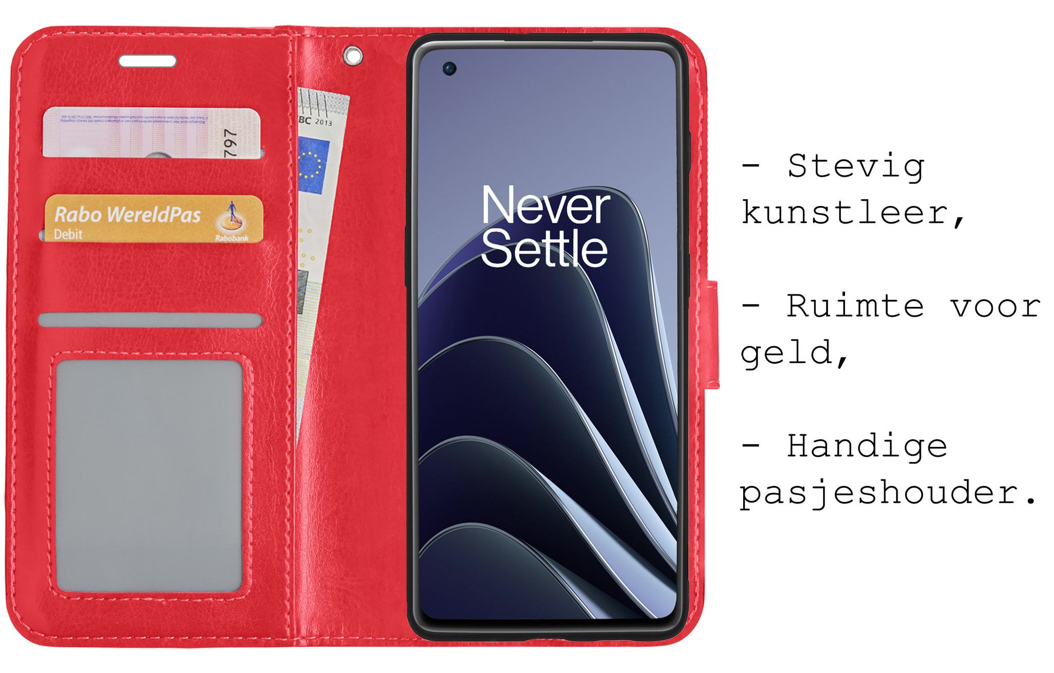 BASEY. Hoes Geschikt voor OnePlus 10 Pro Hoesje Bookcase Hoes Flip Case Book Cover Met Screenprotector - Hoesje Geschikt voor OnePlus 10 Pro Hoes Book Case Hoesje - Rood