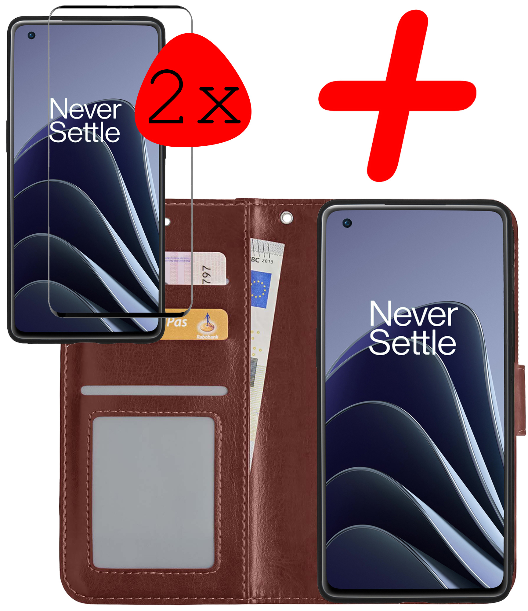 BASEY. Hoes Geschikt voor OnePlus 10 Pro Hoesje Bookcase Hoes Flip Case Book Cover Met 2x Screenprotector - Hoesje Geschikt voor OnePlus 10 Pro Hoes Book Case Hoesje - Bruin