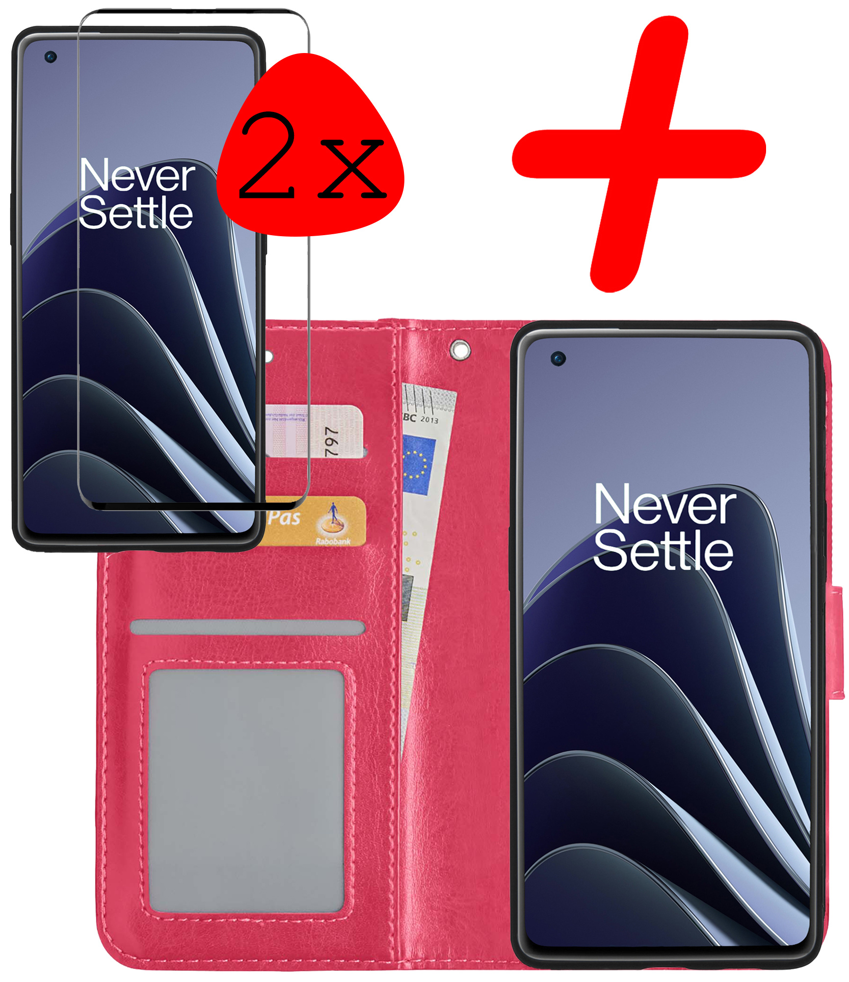 BASEY. Hoes Geschikt voor OnePlus 10 Pro Hoesje Bookcase Hoes Flip Case Book Cover Met 2x Screenprotector - Hoesje Geschikt voor OnePlus 10 Pro Hoes Book Case Hoesje - Donkerroze