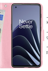 Hoes Geschikt voor OnePlus 10 Pro Hoesje Bookcase Hoes Flip Case Book Cover Met 2x Screenprotector - Hoesje Geschikt voor OnePlus 10 Pro Hoes Book Case Hoesje - Lichtroze