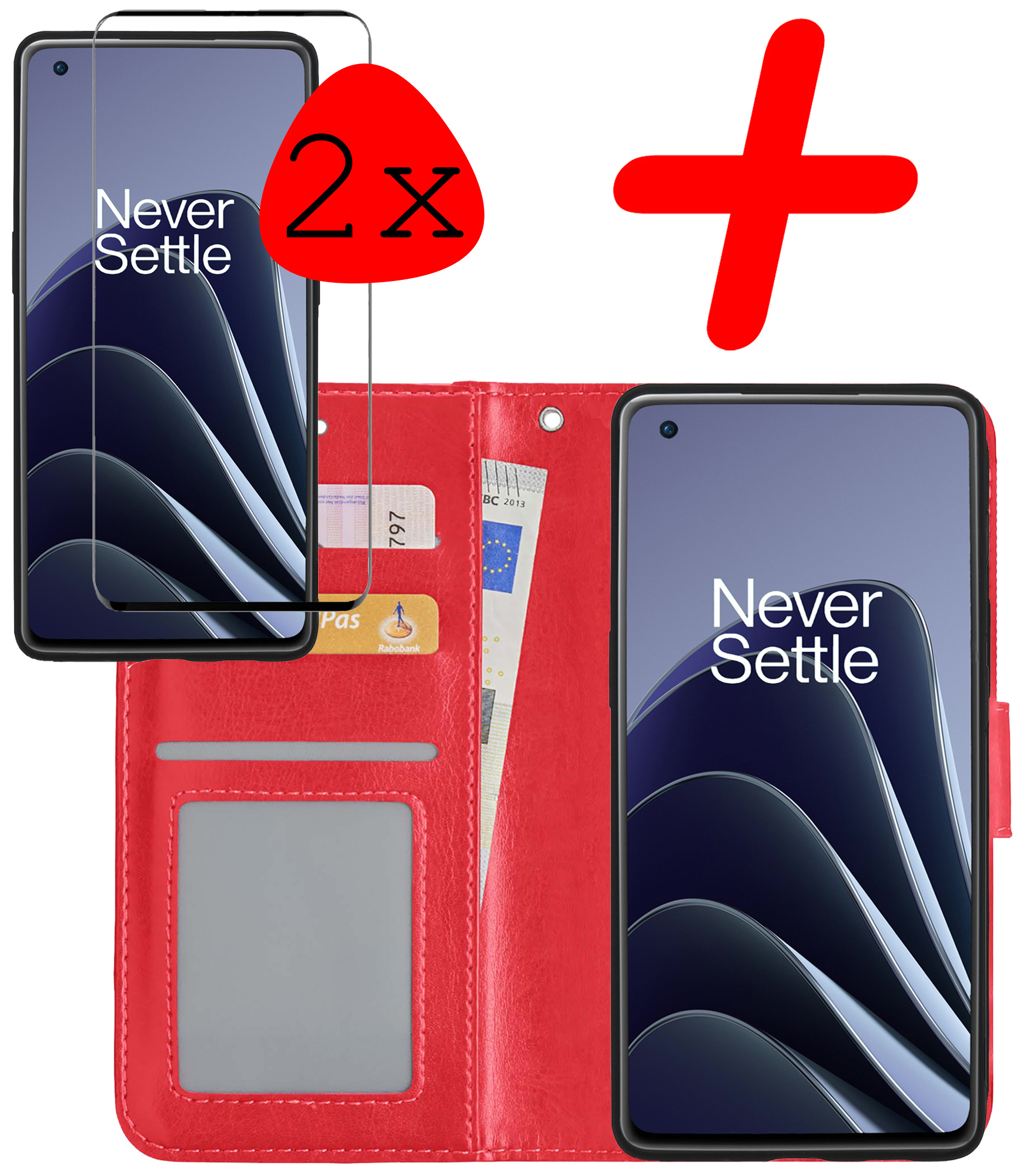 BASEY. Hoes Geschikt voor OnePlus 10 Pro Hoesje Bookcase Hoes Flip Case Book Cover Met 2x Screenprotector - Hoesje Geschikt voor OnePlus 10 Pro Hoes Book Case Hoesje - Rood