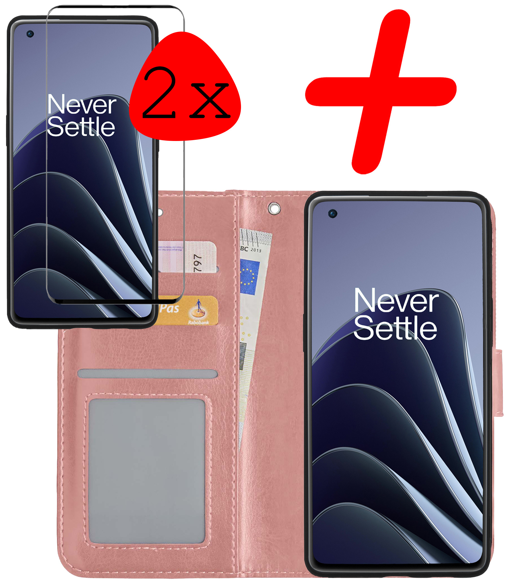 BASEY. Hoes Geschikt voor OnePlus 10 Pro Hoesje Bookcase Hoes Flip Case Book Cover Met 2x Screenprotector - Hoesje Geschikt voor OnePlus 10 Pro Hoes Book Case Hoesje - Rosé goud