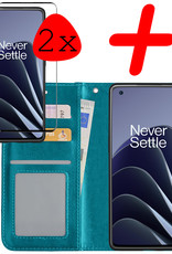 Hoes Geschikt voor OnePlus 10 Pro Hoesje Bookcase Hoes Flip Case Book Cover Met 2x Screenprotector - Hoesje Geschikt voor OnePlus 10 Pro Hoes Book Case Hoesje - Turquoise