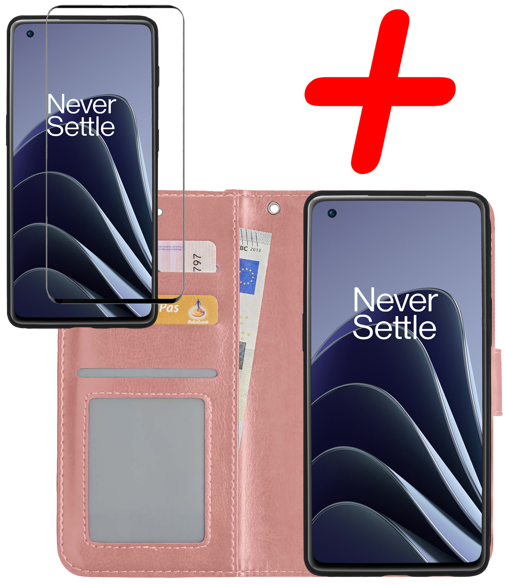 Hoes Geschikt voor OnePlus 10 Pro Hoesje Bookcase Hoes Flip Case Book Cover Met Screenprotector - Hoesje Geschikt voor OnePlus 10 Pro Hoes Book Case Hoesje - Rosé goud