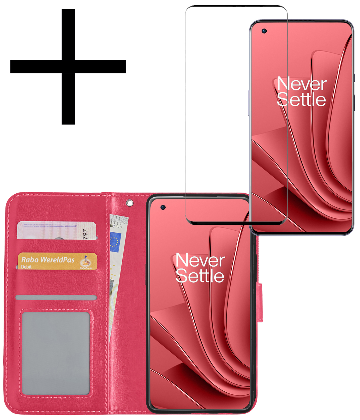 NoXx Hoes Geschikt voor OnePlus 10 Pro Hoesje Book Case Hoes Flip Cover Wallet Bookcase Met Screenprotector - Donkerroze