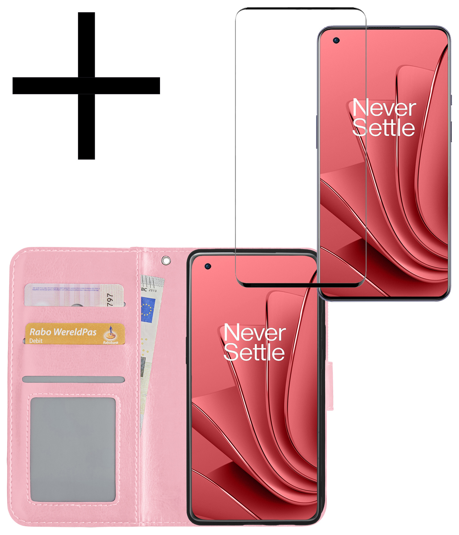 NoXx Hoes Geschikt voor OnePlus 10 Pro Hoesje Book Case Hoes Flip Cover Wallet Bookcase Met Screenprotector - Lichtroze