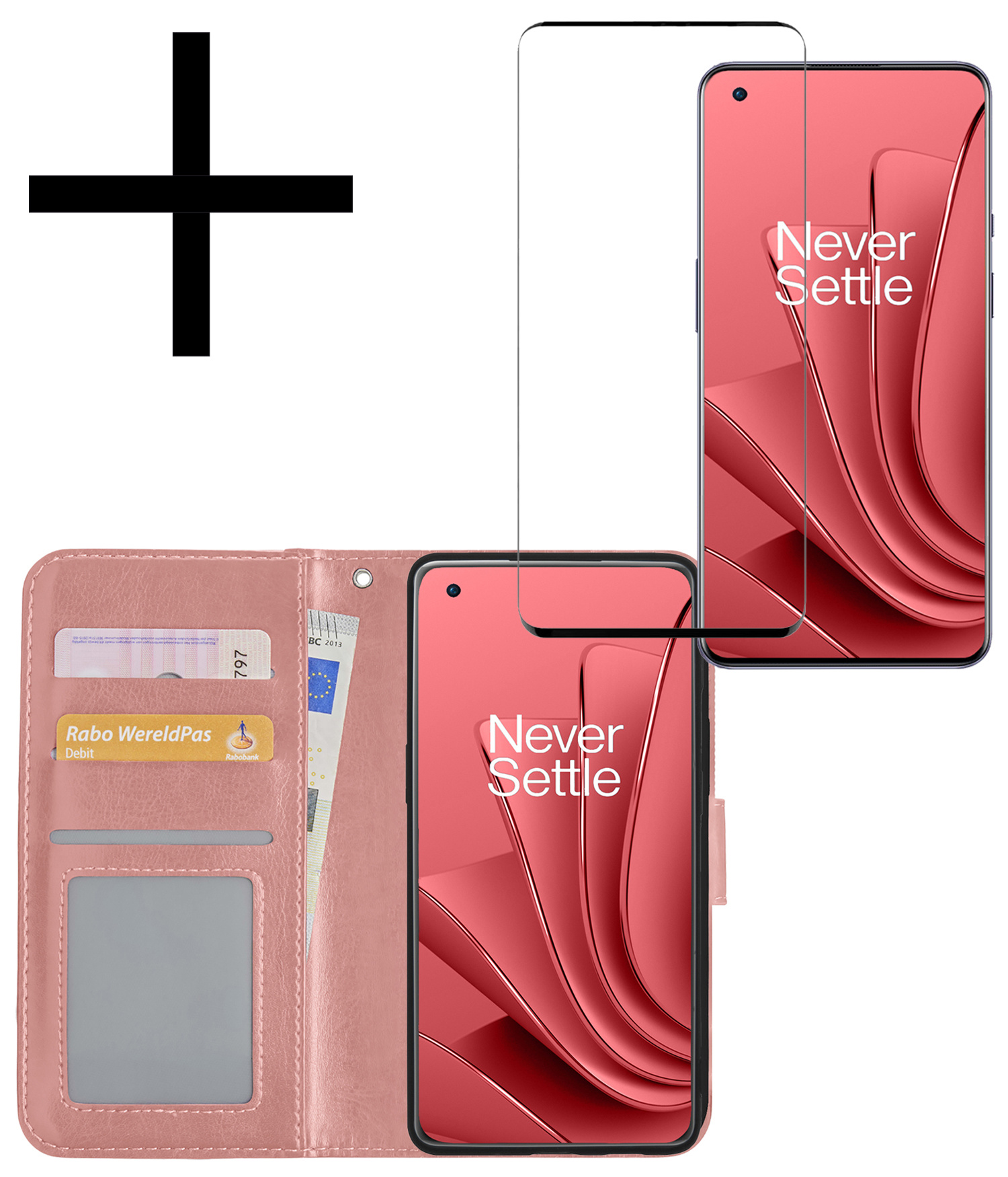 NoXx Hoes Geschikt voor OnePlus 10 Pro Hoesje Book Case Hoes Flip Cover Wallet Bookcase Met Screenprotector - Rosé goud