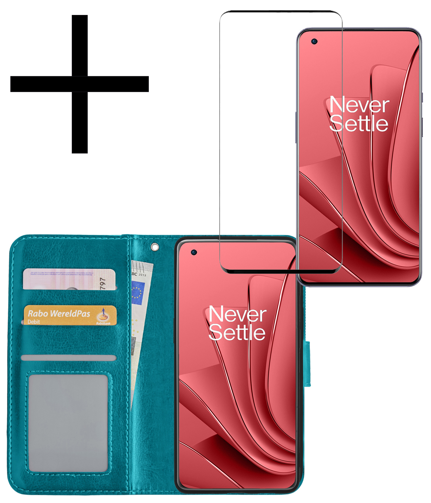 NoXx Hoes Geschikt voor OnePlus 10 Pro Hoesje Book Case Hoes Flip Cover Wallet Bookcase Met Screenprotector - Turquoise
